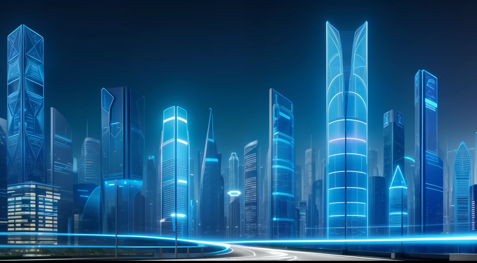 blue colors,Rich and intricate details,Future curve abstract style,Technology elements,City light show,AI-generated images of technology present visually appealing futuristic scenarios。Futuristic urban and highway complex with transparent materials,Exudes a soft and ethereal glow。Holograms show complex patterns、Visualize data and vibrant colors,It represents the fusion of information and innovation。A high resolution