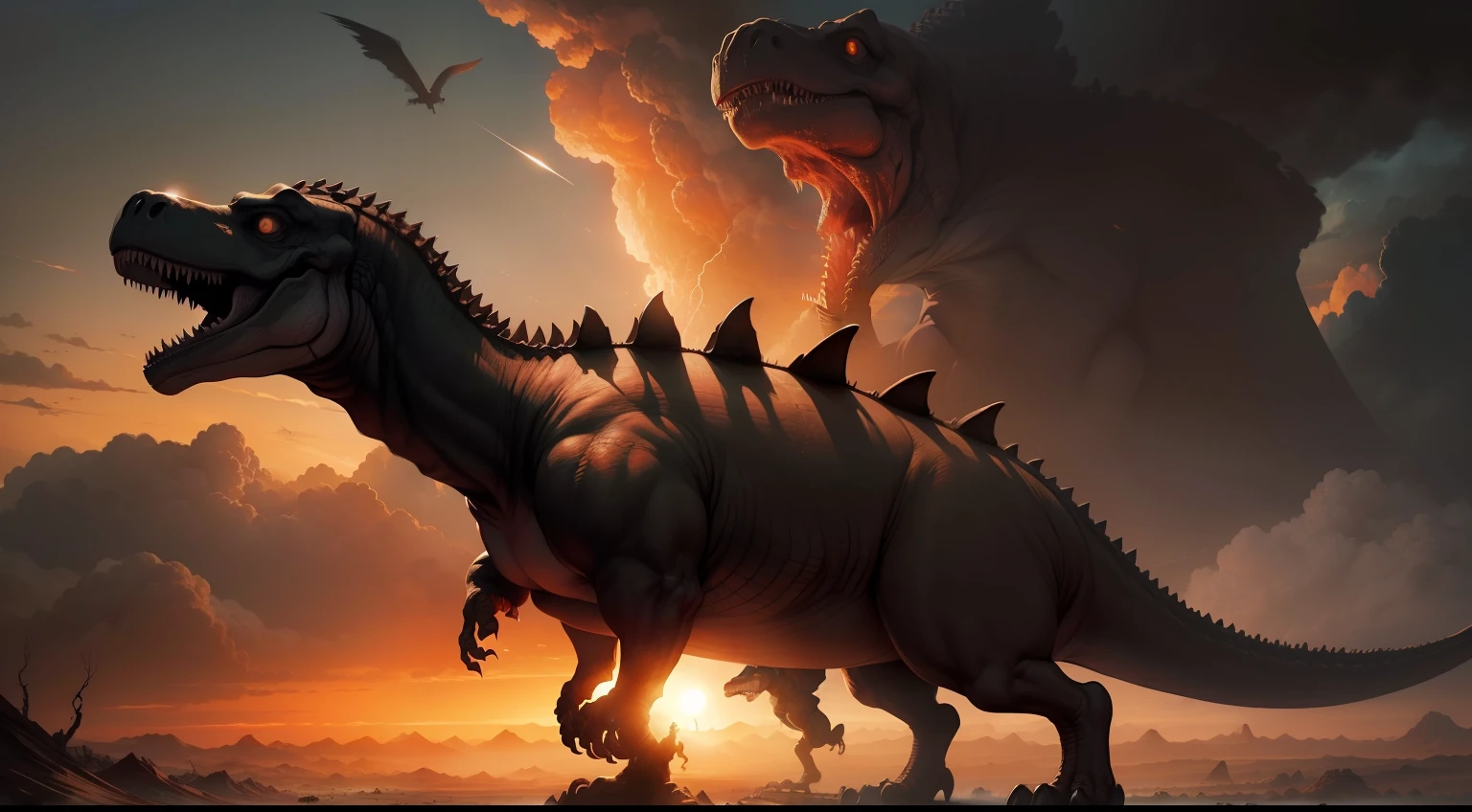 The suffering of the dinosaurs after the meteor, pintura triste e evocativa, qualidade impressionante, Detailed illustration of dinosaurs, sombras sombrias, post apocalyptic scene, Burning sky, destruction, dinossauros em desespero, Dramatic silhouettes, expressions full of sadness.