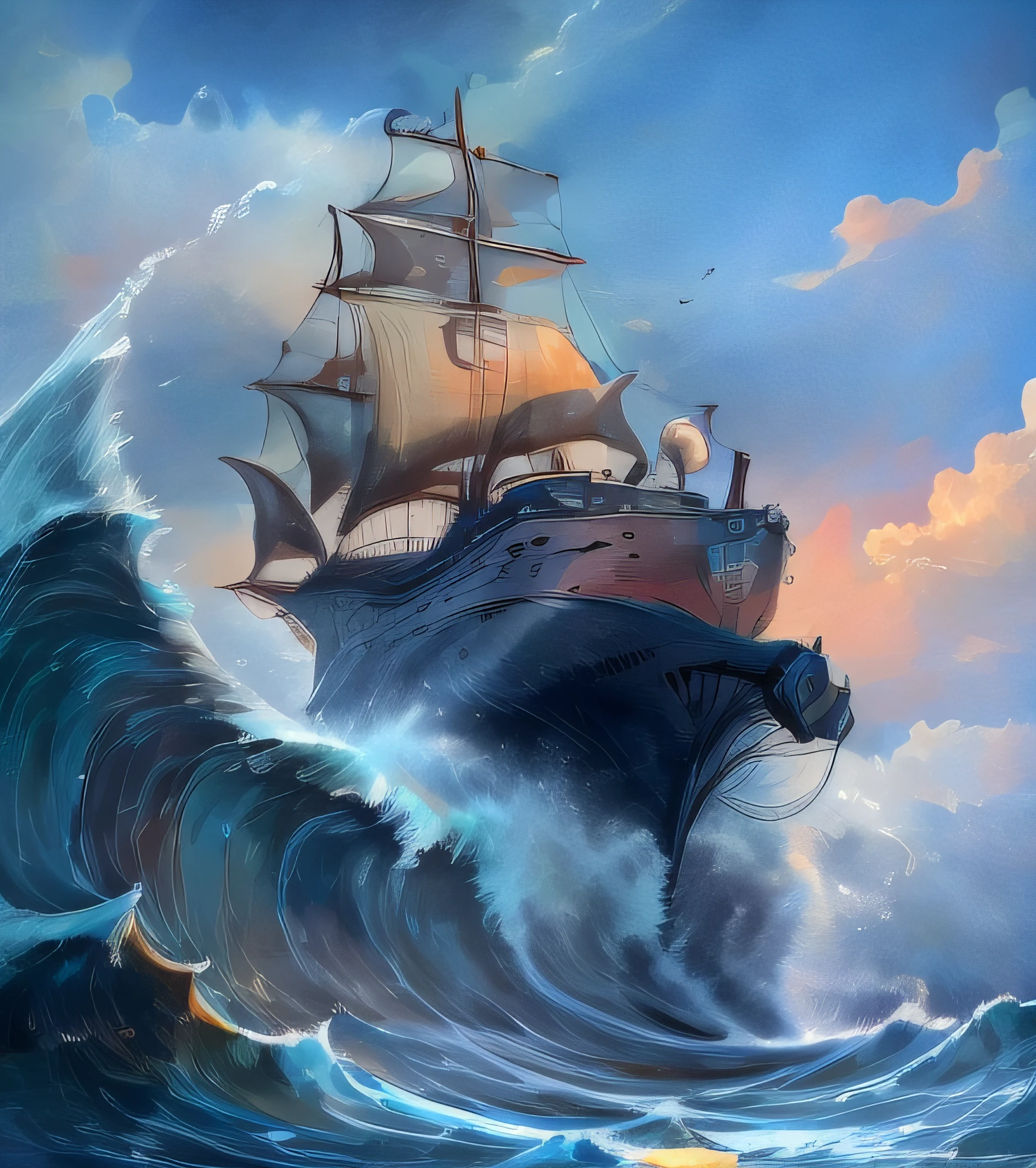 Beautiful galleon jumping between multicolored clouds and below the rough sea threatens with huge waves