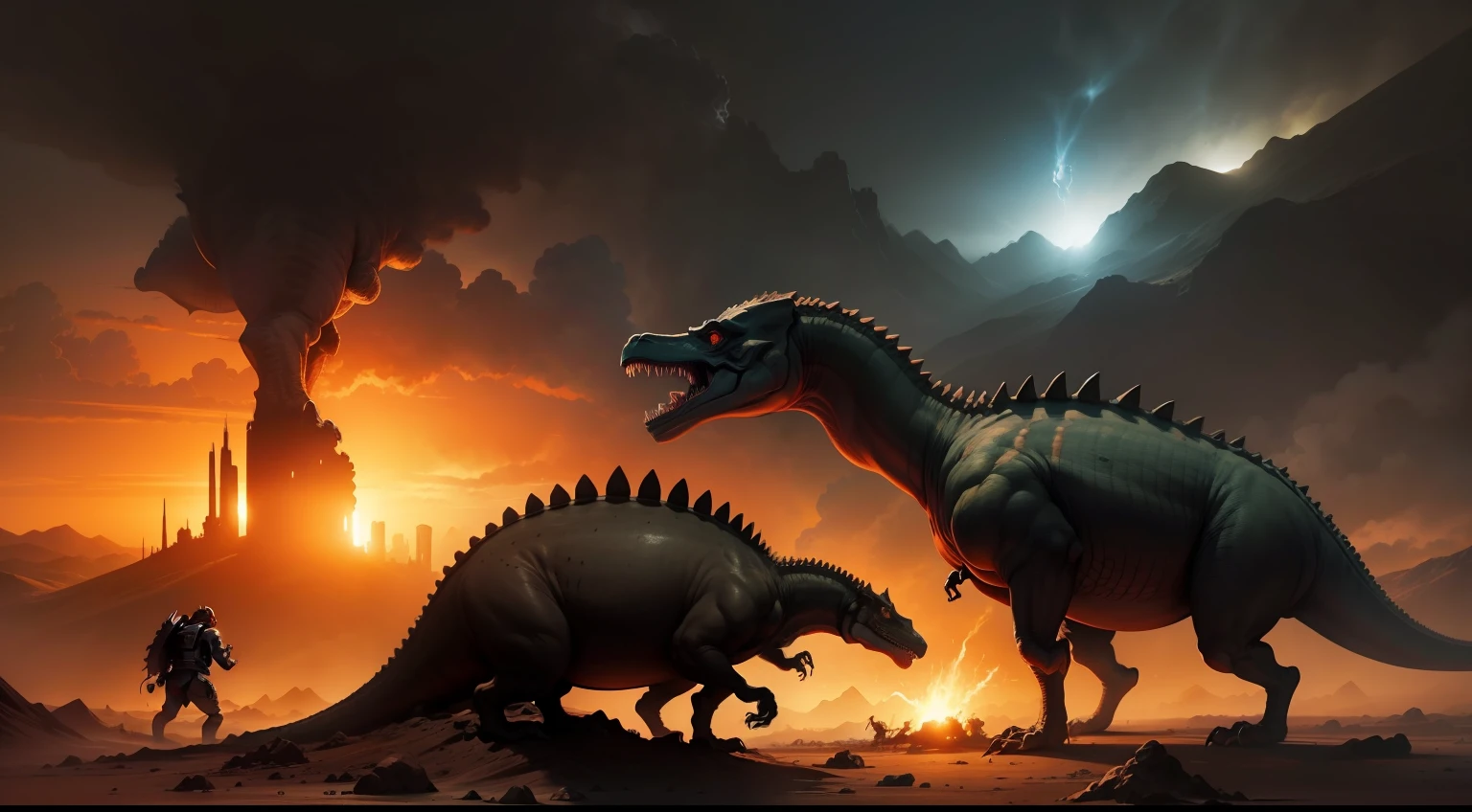 The suffering of the dinosaurs after the meteor, pintura triste e evocativa, qualidade impressionante, Detailed illustration of dinosaurs, sombras sombrias, post apocalyptic scene, Burning sky, destruction, dinossauros em desespero, Dramatic silhouettes, expressions full of sadness.