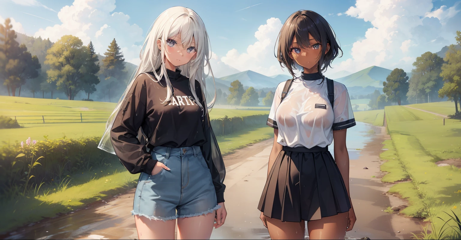 two girls, 1 light skin, 1 dark skin, different eyes, nose, ear, eyebrow, big straight hair, farm clothes, wet clothes, thin waist, thick legs, big thighs, background scenery, dirt road, countryside, beautiful day, lighting