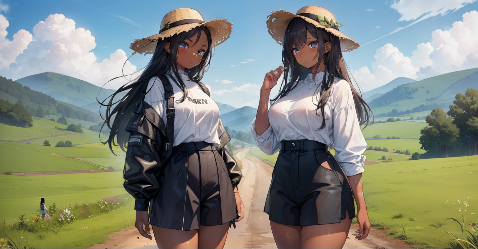 two girls, 1 light skin, 1 dark skin, different eyes, nose, ear, eyebrow, big straight hair, farm clothes, wet clothes, thin waist, thick legs, big thighs, background scenery, dirt road, countryside, beautiful day, lighting