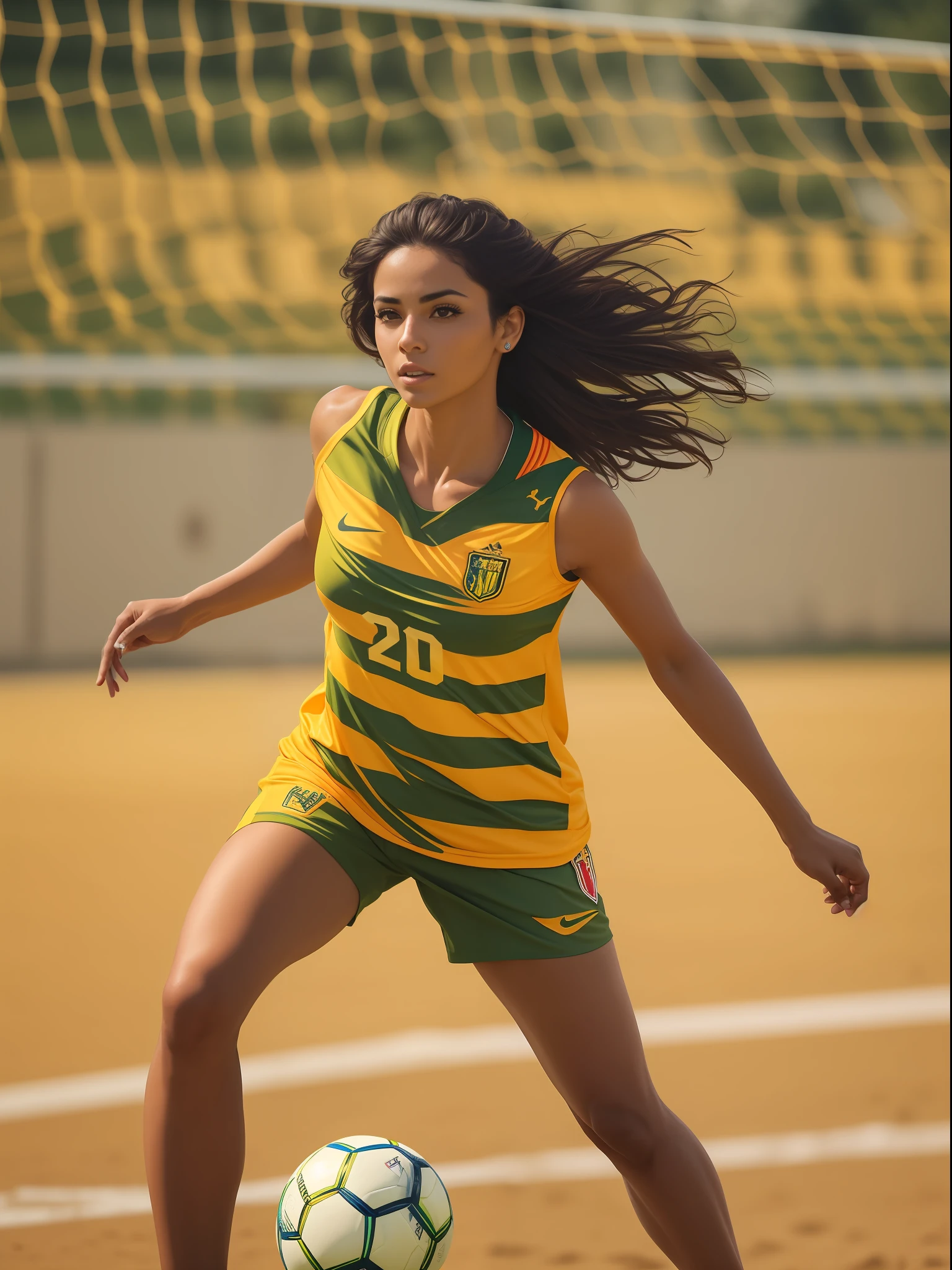 Uma mulher morena jogando futebol, com uniforme amarelo