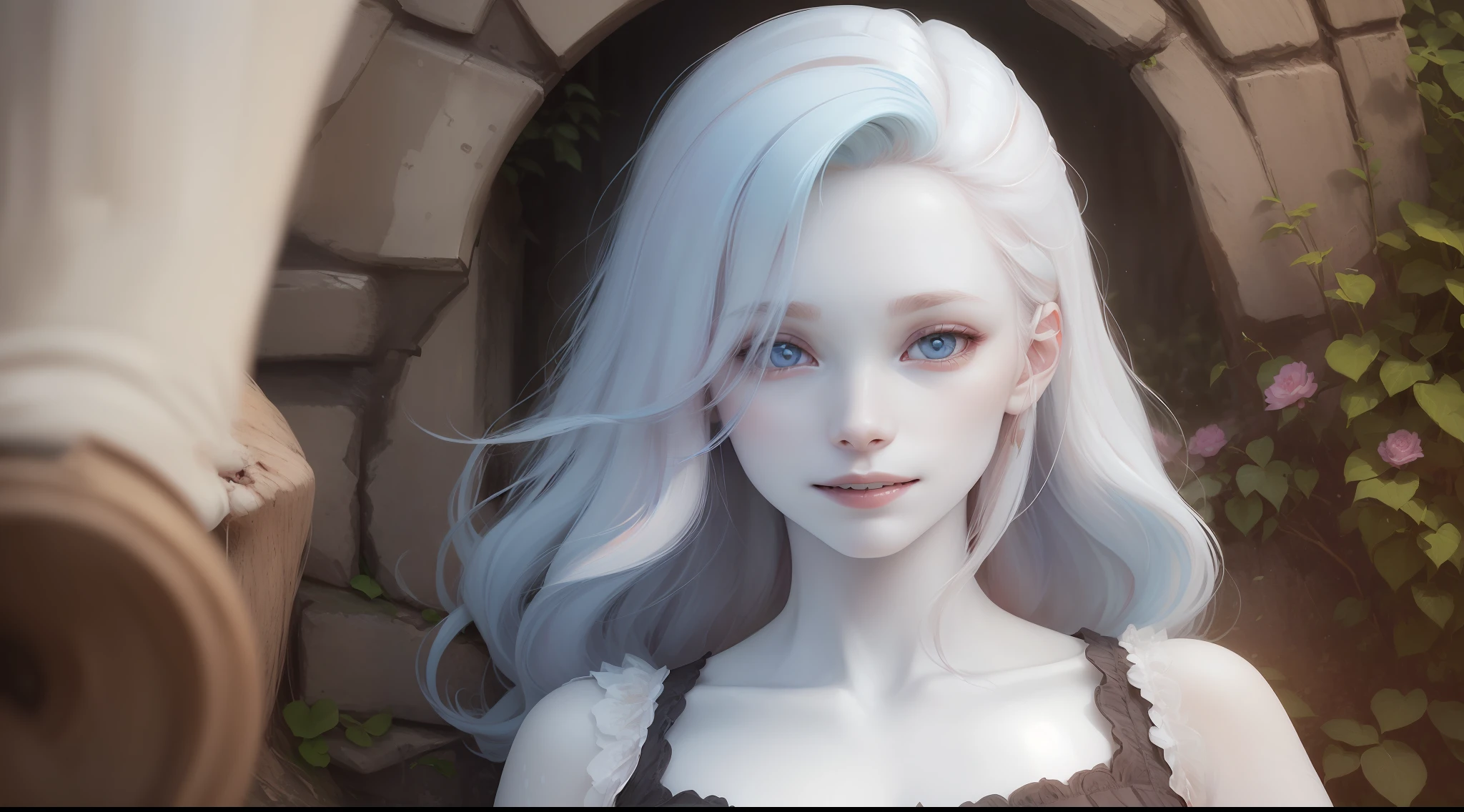 (cums flowing out of pussy :1.7 ) ,masterpiece,best quality,(((ultra-detailed))),(((8K))),detailed light,detailed shadow,RAW,(detailed skin:1.3),(realistic:1.6), french girl face,(ultra-detailed face),(18 years old :1.5) ,((blue hairs :1.5)),(( red eyes)),portrait, (shy looking:1.5) , (innocent look:1.6),(( pussy juice : 1.9 )), ((very pale skin:1.8)), on grass in a beautiful garden,(small breats: 1.5), fox ears, (smile:1.4)