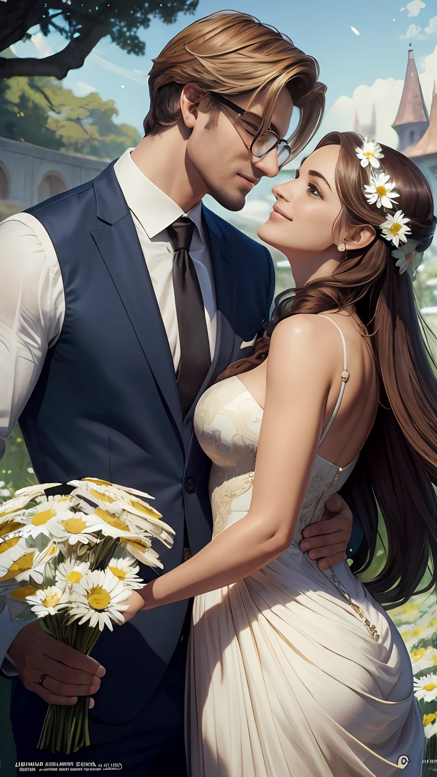 Casal se beija um home e uma mulher com muito carinho, the man Neels Visser is a prince who has light brown hair, He wears a pair of glasses and wears a royal blue bridal suit and is in love with the commoner, a bela mulher, que tem cabelo castanho claro quase ruivo claro encaracolado e comprido, ela tem bumbum grande e usa um vestido de noiva branco e lindo, are in love and happy, They're smiling, They are in a garden of daisies, Illustration of a novel book cover with a detailed background, liso, brilhante cheio de flores margaridas brancas, standingn, Anel luminoso, dynamic lighting, etherial lighting, Ultra Detalhe, arte conceitual, elegante, surreal, arte por Lisa Aisato, Greg Hildebrandt, Citemer Liu, Stjepan Sejic, Samyang, Aykut Aydogdu, Justino Geraldo, Alphonse Mucha, Artgerm, WLOP e Greg Rutkowski
