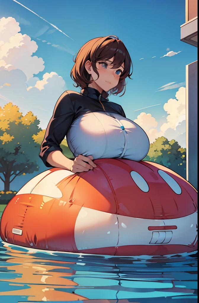 Mother becomes inflatable at her son's request and son asks mother if she can turn her whole body into a giant inflatable pooltoy