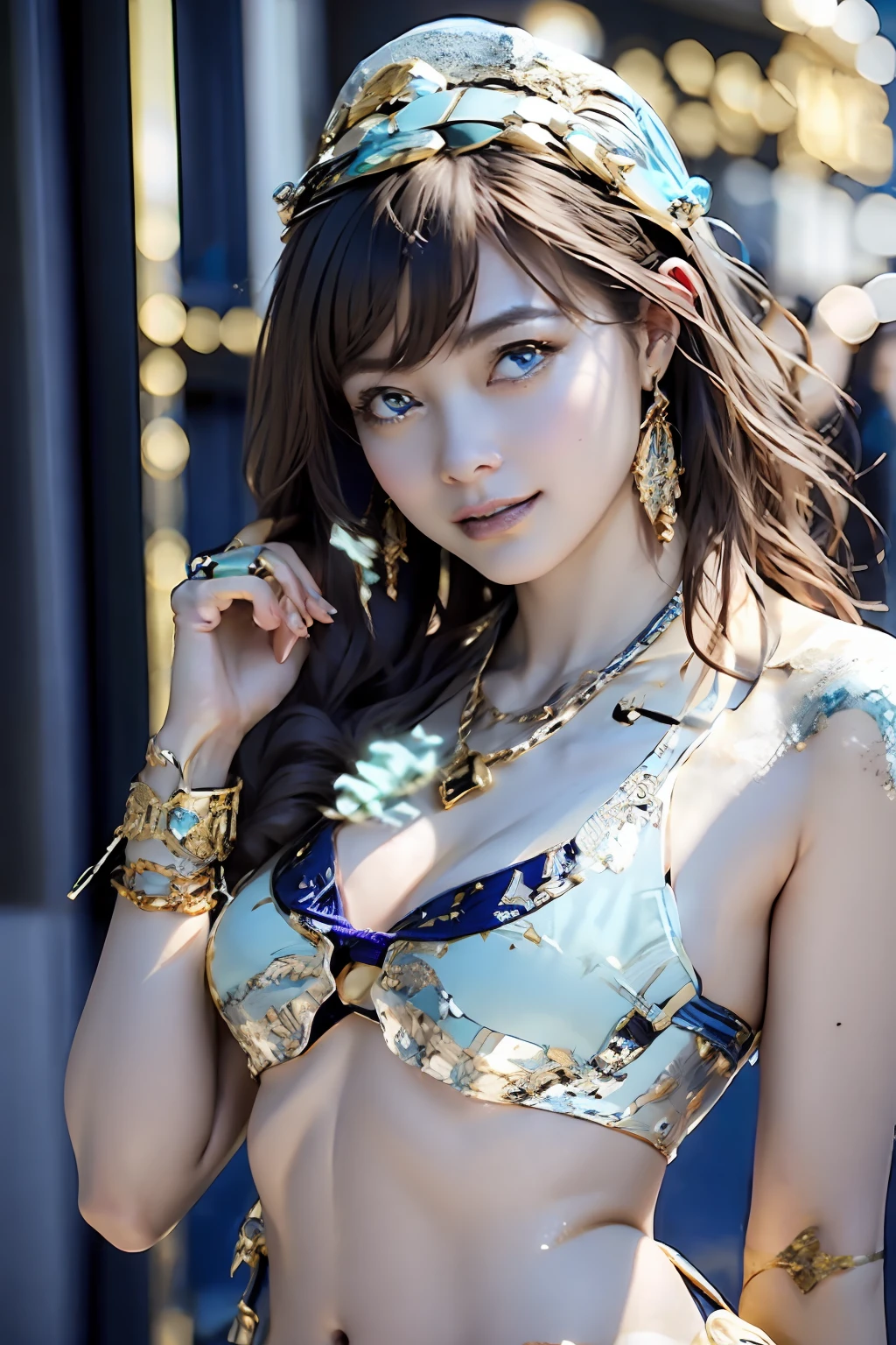 Ultra-detailed complex 3D rendering of faces、(masterpiece、top-quality、octan render、)、Glamour shot full body image、Very beautiful young elf、 cleavage of the breast、(highlydetailed skin:1.2)、(Pubic hair shows through:1.1)、(((Blue and gold micro bikini and jewelry:1.95))))。、8K、((Very soft breasts))、((noticeable large pink areola))、Beautiful Caucasian woman with big buttocks full soft breasts and white skin、1 persons、Long braided hair、huge-breasted、dynamic ungle,((Jewel magic wand with details in hand)) 、hyper realistic photography、(((a blond)))、(futuristic city backdrop)、face muscles、(((Detailed and ornate diamond crown))))、In the style of Marvel Comics、 ArtStation Trends, Clear focus, intricate detailes, ighly detailed, Detailed green eyes, foco nítido, a digital rendering, proffesional、abdominals、glowy skin、sexypose、(Golden tattoos all over the body)、Golden lame skin、Mansuji、s ass、(Jewel the whole body)、It has silver scales)、a blond、Seductive look、Detailed and beautiful white teeth、Jewel Magic Wand、