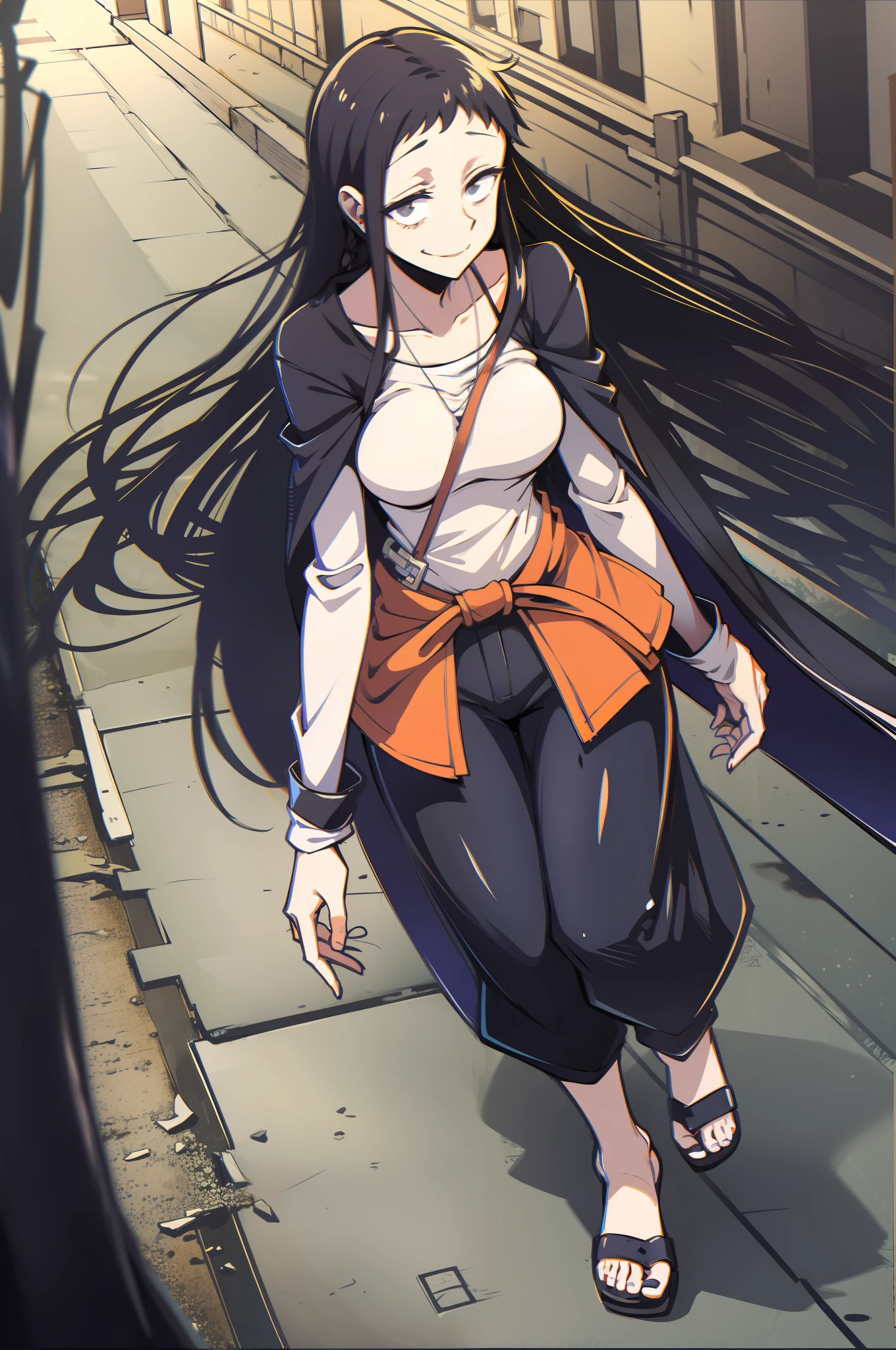 koumori_kuroko, black hair, hime cut, walking,pants, long hair, medium breast, 1girl, cloak, blacl cloths,, medieval, smile, black eyes,baggy eyes, wizard, village, traditional german cloths, long hair, flip flops