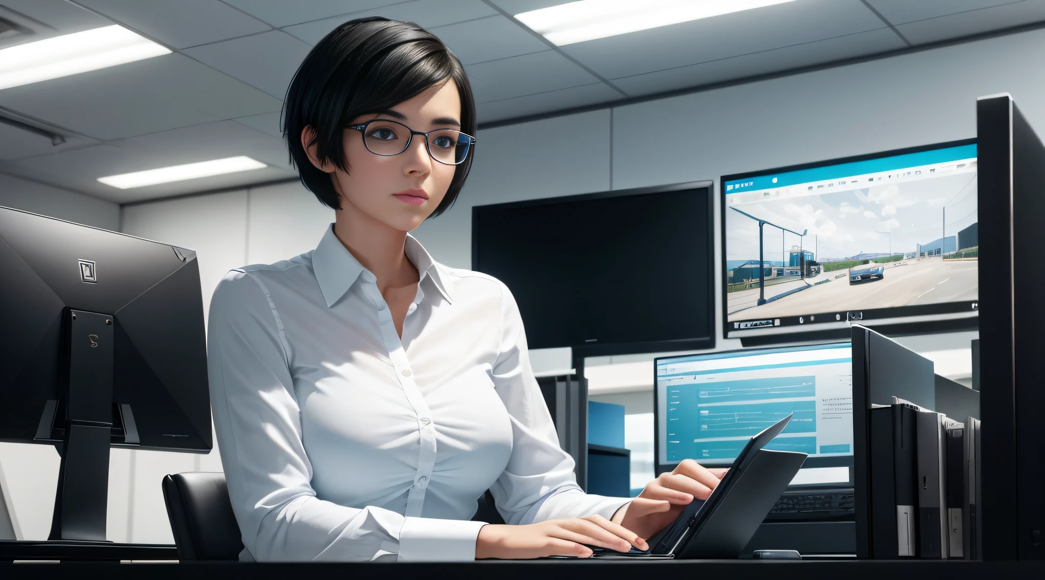 Ultra-realistic image of a young woman with short black hair, blue-eyed Caucasian seated in a modern chair in a large office, staring at a computer screen wearing clear glasses;, ao fundo distante desfocado pessoas conversando --auto