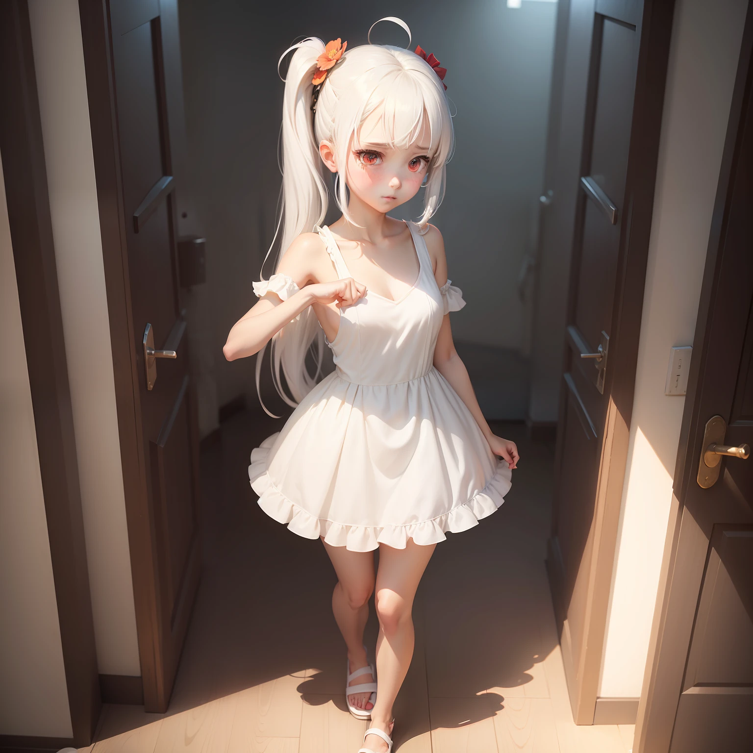 ahoge,bangs,side_ponytail,white_hair,red_eyes,reaching,embarrassed,standing,li,flat_chest,slippers,one-piece dress,octane render,meticulous painting,flowers meadows,pov,