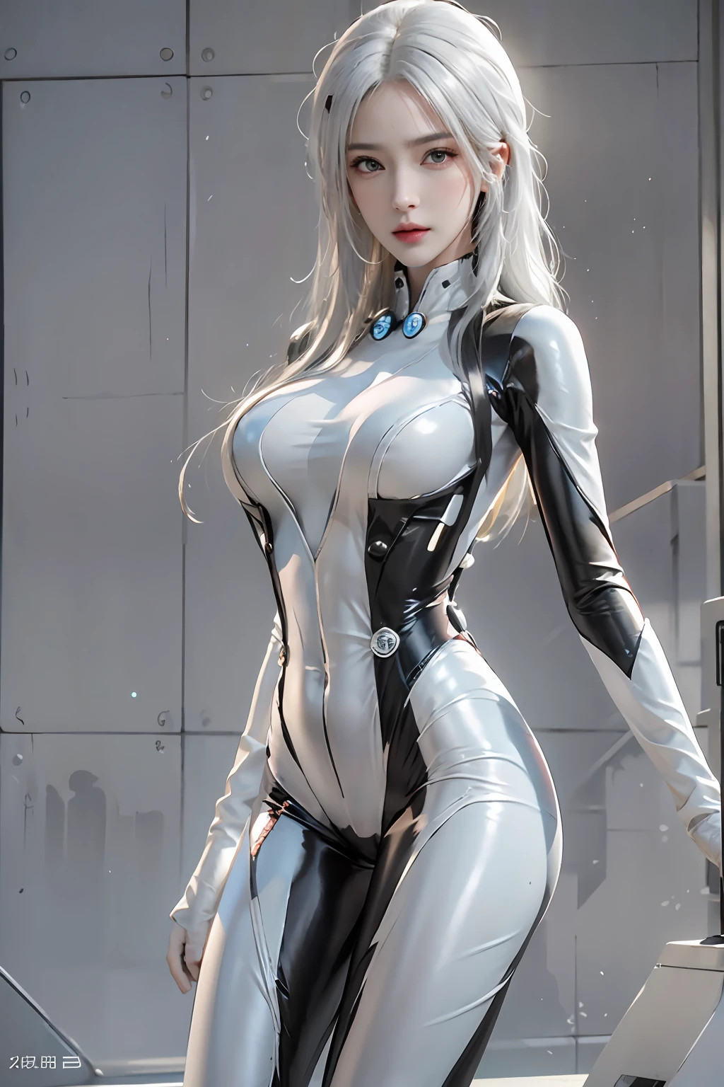 photorealistic, high resolution, 1women, solo, hips up, look at viewer, (detailed face), white hair, long hair, gantz, reika\(bodysuit\), black suit