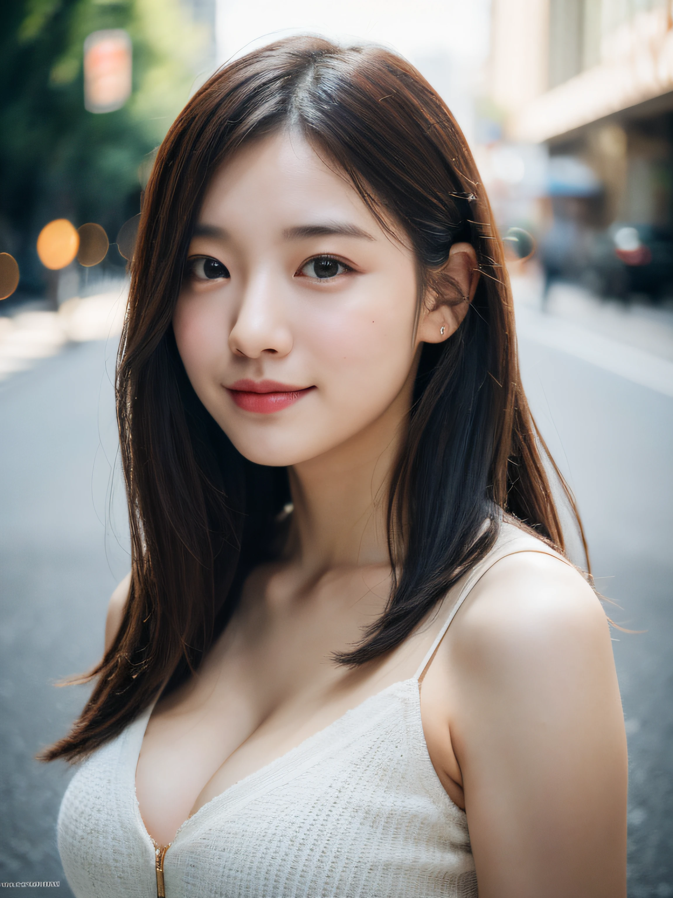 1girl, smile, (((medium breast))), (((bokeh))),depth of field, cute face, looking at the viewer, masterpiece, modelshoot style, cleavage, full body portrait, sexy pose, ((8k, RAW photo, highest quality, masterpiece), High detail RAW color photo professional photo, (realistic, photo realism:1. 37), (highest quality), (best shadow), (best illustration), ultra high resolution, highly detailed CG unified 8K wallpapers, physics-based rendering, cinematic lighting), detailed street background