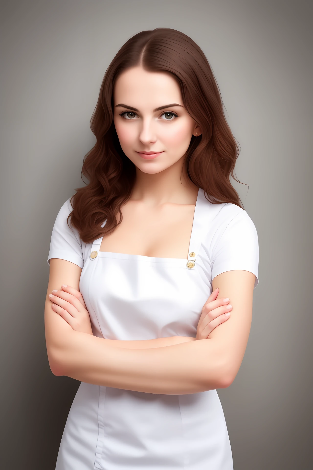 make a realistic human confectioner (woman) with her arms crossed and a white background