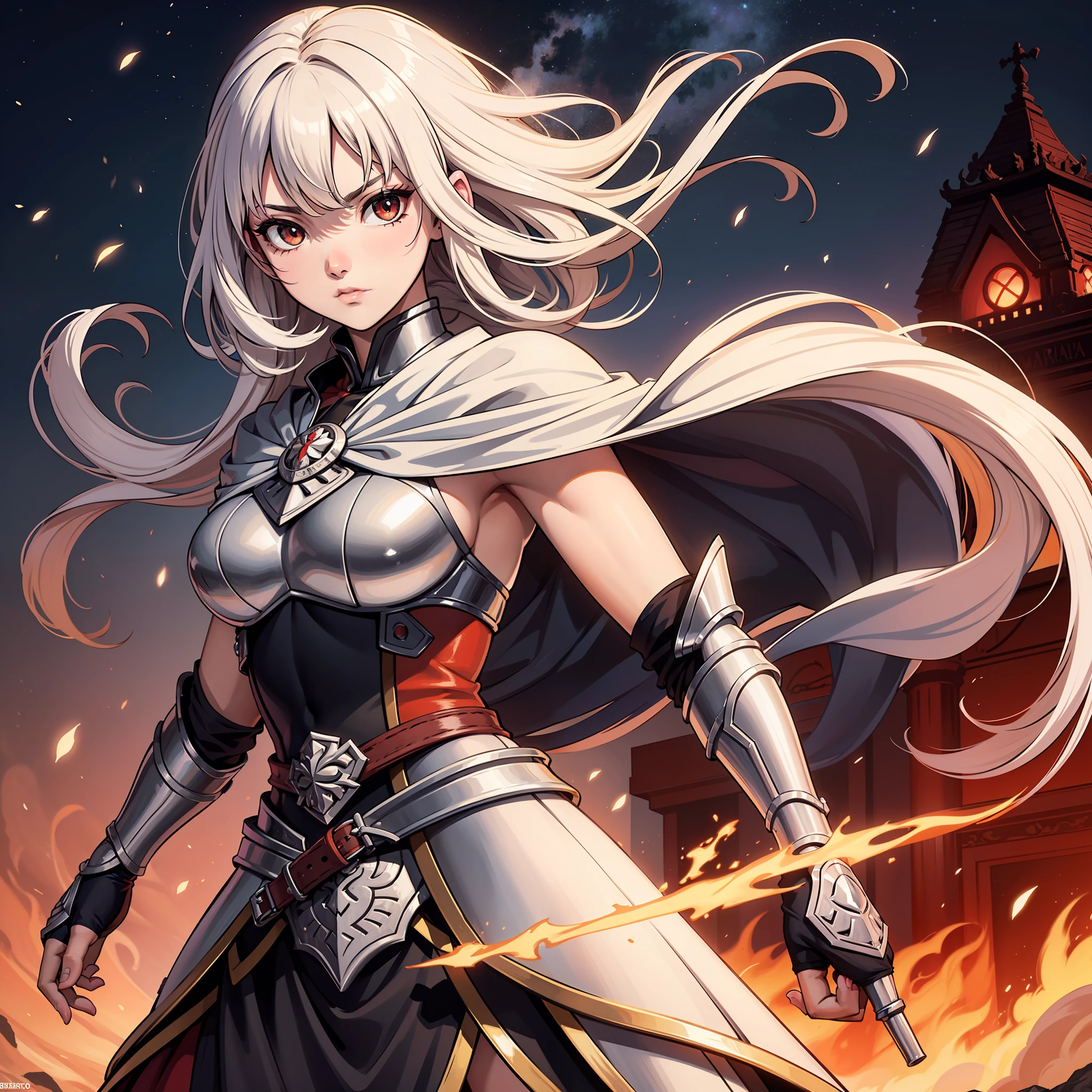 warrior white hair sword in hand, Strokes Kentaro Miura, Berserk traits, manga kentaro miura ((guerreiro capa vermelha)) 1boy cabelo preto, pele suja, armadura preta brilhante, 1girl cabelos verdes, pele morena, garota com roupa velha e resgada apoiada no rapaz