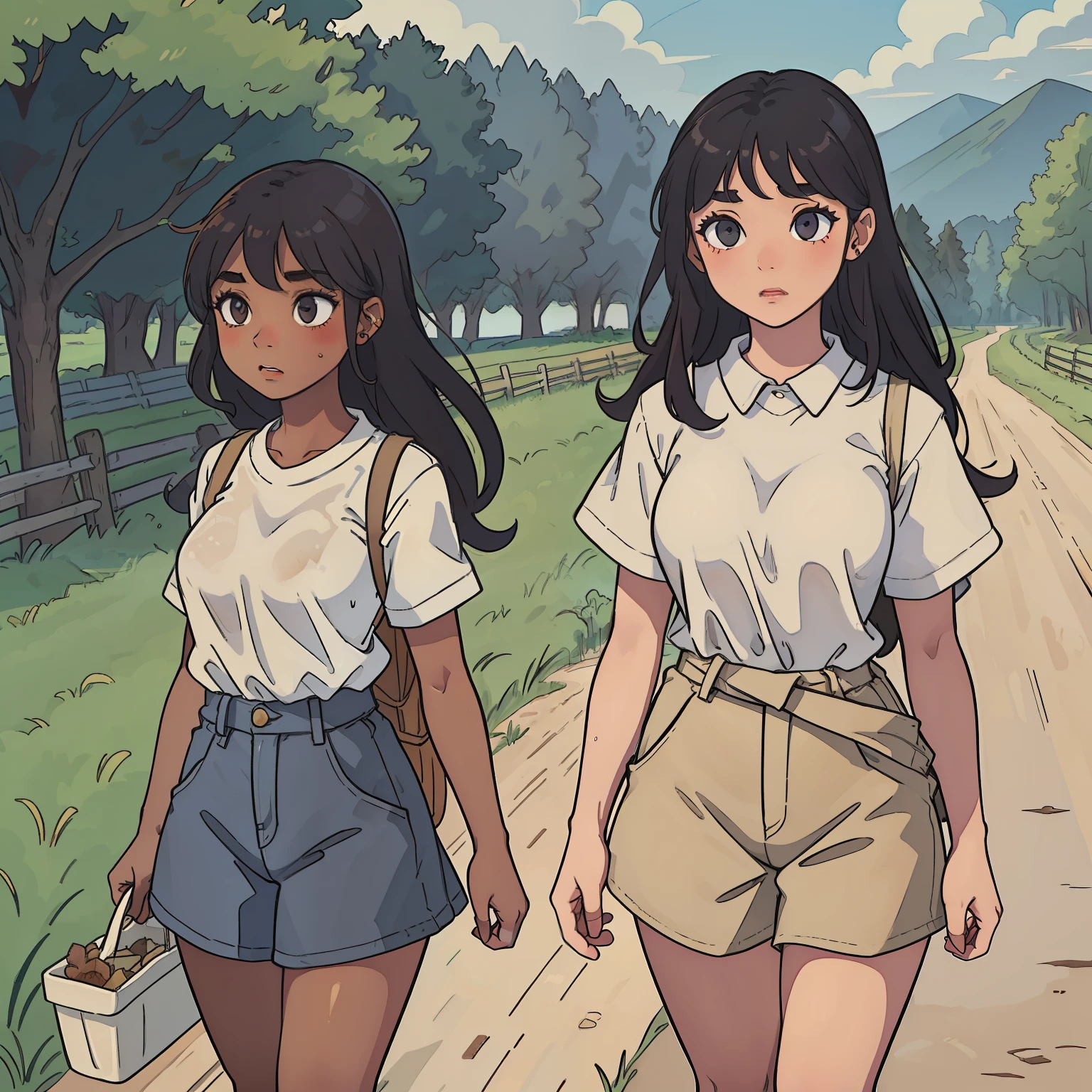 two girls, 1 light skin, 1 dark skin, different eyes, nose, ear, eyebrow, big straight hair, farm clothes, wet clothes, thin waist, thick legs, big thighs, background scenery, dirt road, countryside, beautiful day, lighting