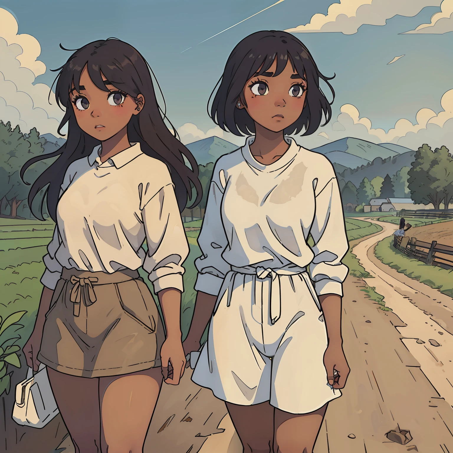 two girls, 1 light skin, 1 dark skin, different eyes, nose, ear, eyebrow, big straight hair, farm clothes, wet clothes, thin waist, thick legs, big thighs, background scenery, dirt road, countryside, beautiful day, lighting