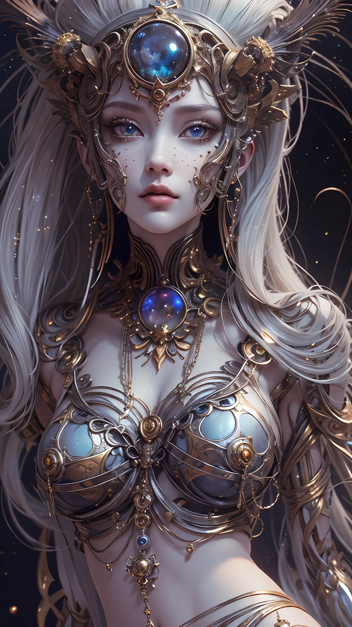 （best qualtiy，ultra - detailed，Most Best Illustration，Best shadow，tmasterpiece，A high resolution，professionalartwork，famousartwork），Detailed eyes，beautidful eyes，closeup cleavage，sci-fy，colored sclera，Robot eyes，face markings，Tattooed with，（fractalized，Fractal eyes），largeeyes，Wide eyes，（Eye focus），sface focus，Cosmic eyes，Space eyes，Close-up of metal sculpture of a woman with a moon in her hair，goddes。extremly high detail，3 d goddess portrait，Extremely detailed footage of the goddess，a stunning portrait of a goddess，Side image of the goddess，portrait of a beautiful goddess，Full body close-up portrait of the goddess，hecate goddess，portrait of a norse moon goddess，goddess of space and time