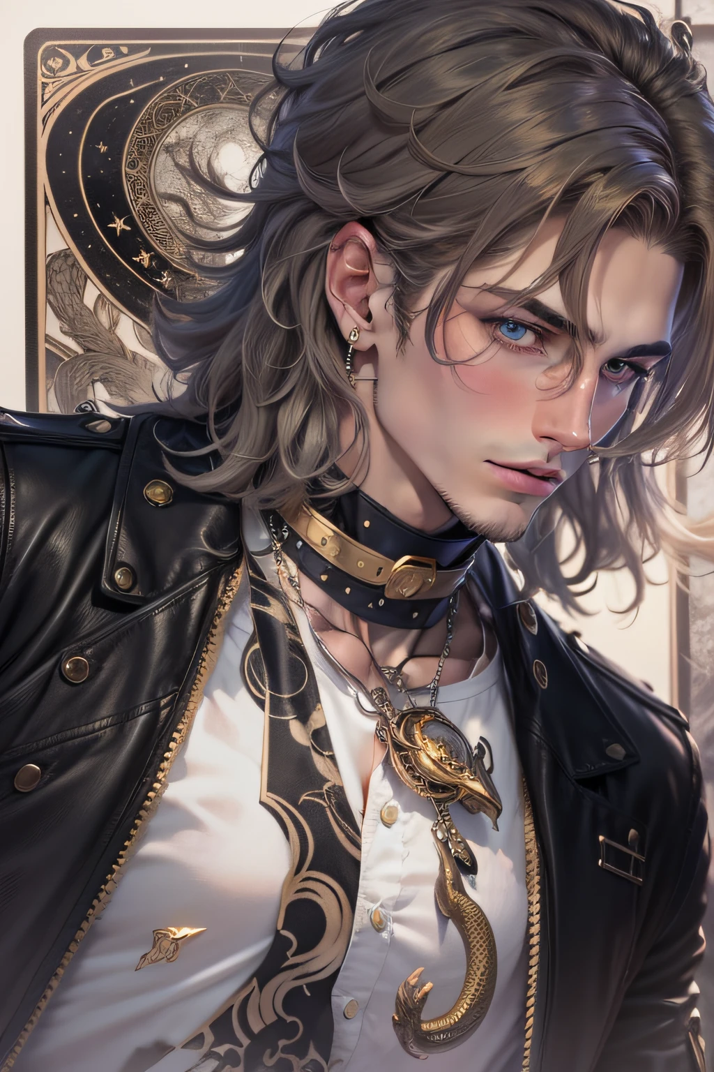 Gorgeous young white man with snake choker on neck, cabelo curto negro, com colete social preto e uma camisa social por baixo do colete, Tarot cards in the scenery, misticismo, lua, astrologia