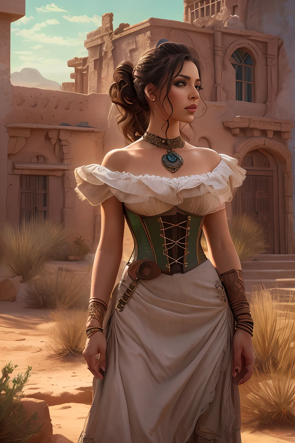 sexy senorita  CindKimb mexican western RPG character painting brunette hair upsweep updo corset (straps buckles:1.2) dress outdoors desert ruins (masterpiece:1.4) (best quality:1.4) (8k) (HDR) (wallpaper) (cinematic lighting) (sharp focus) (intricate) Style-Sylvamagic