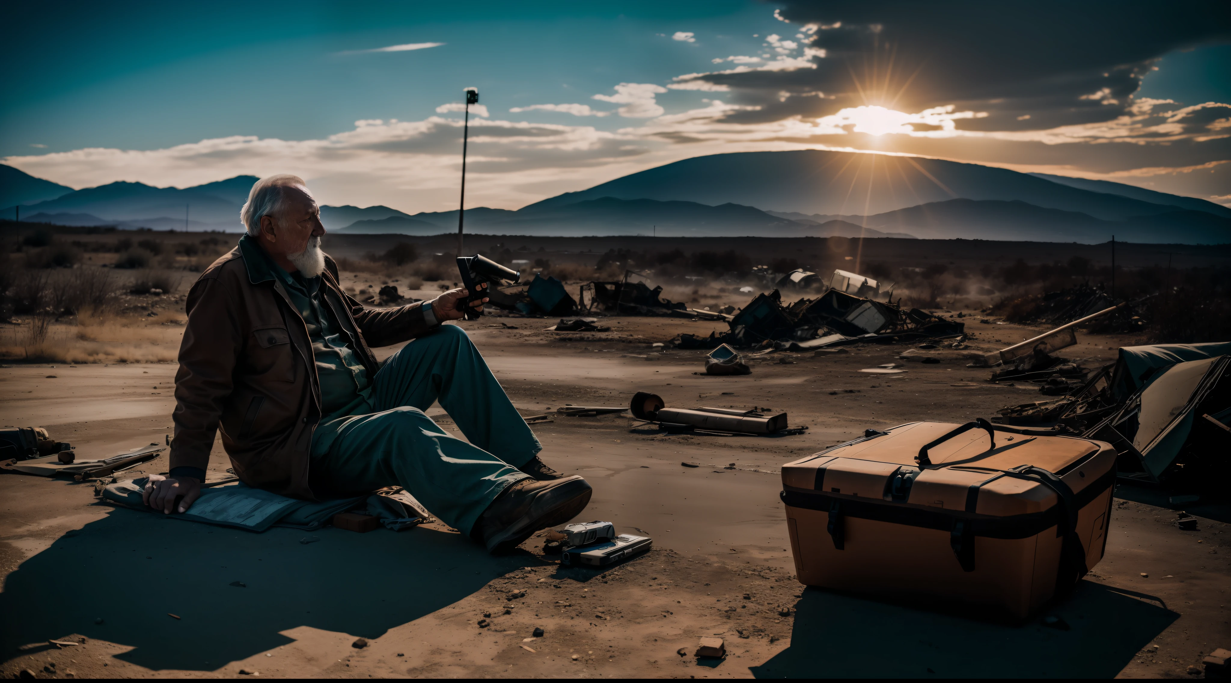 postapocalypse, photo of wrecked old drunk man, natural lighting, 8k uhd, high quality, film grain, Fujifilm XT3