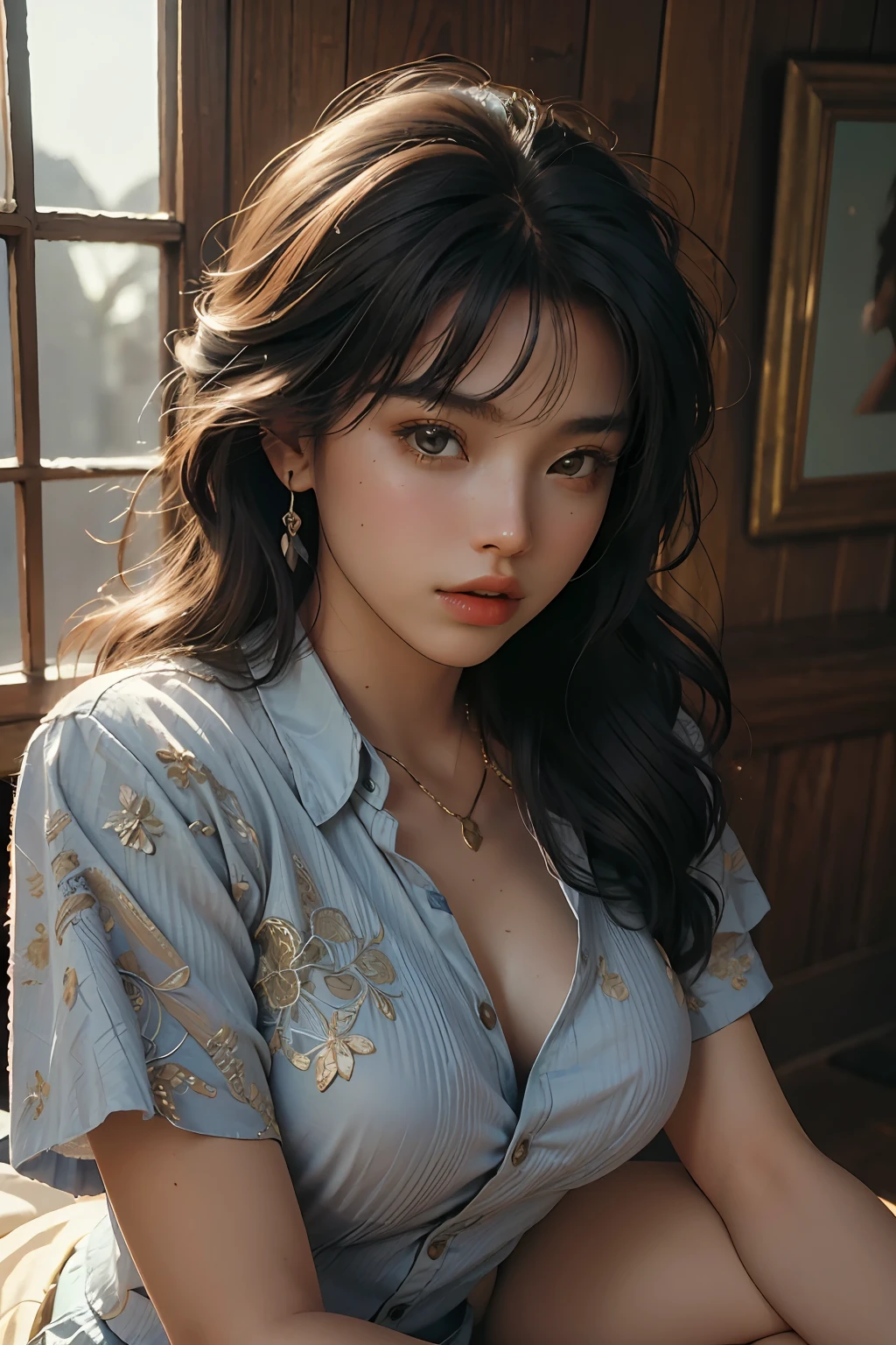 (RAW photo, 4k, masterpiece, high res,  extremely intricate) (photorealistic:1.4), cinematic lighting
1girl, solo focus, summer noon, hot, 1990s \(style\),cowboy shot,indoors