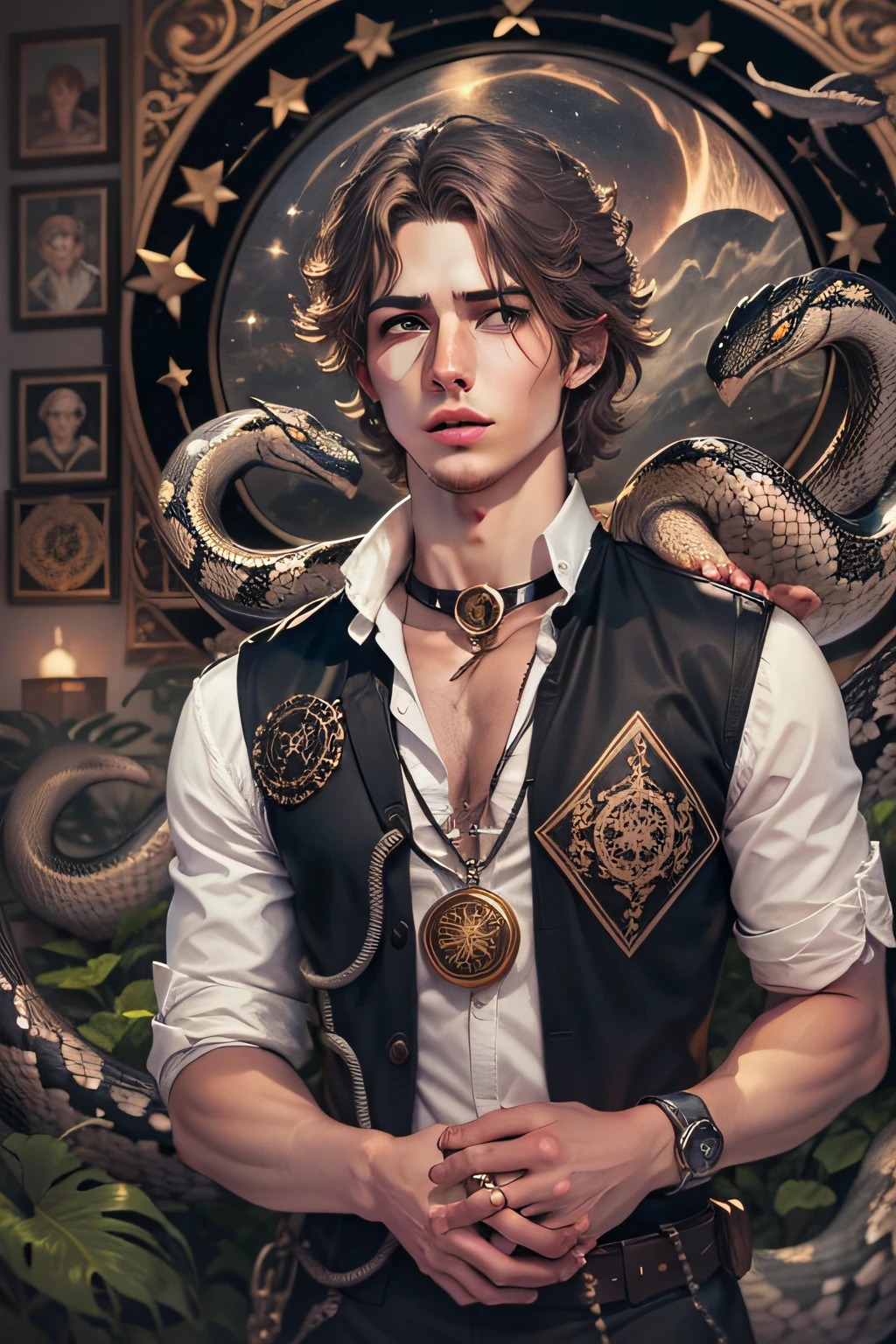 Gorgeous young white man with snake choker on neck, cabelo curto negro, com colete social preto e uma camisa social por baixo do colete, Tarot cards in the scenery, misticismo, lua, astrologia