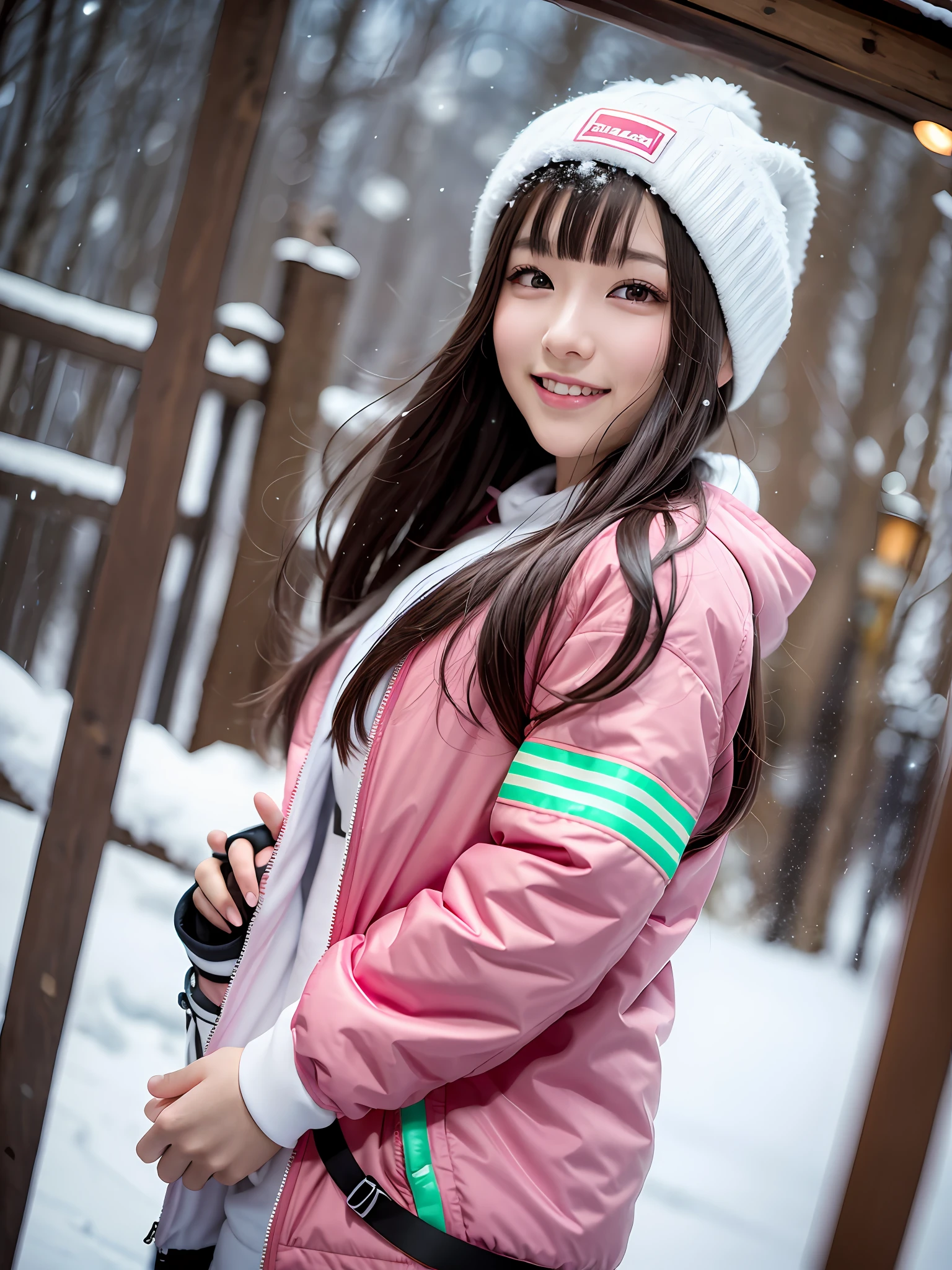 the best quality, 1 girl per 1 photo, cowboy shot, front view, a Japanese young pretty girl, long bob hair, skiing on a snow-covered slope in white and pink ski clothes with a big smile, wearing a long sleeves while and pink ski jacket, long length white ski pants, snowing, hyper cute face, glossy lips, double eyelids for both eyes, natural makeup, shiny smooth light brown hair of long bob hair, asymmetrical bangs, tanned skin, central image, 8K resolution, high detail, detailed hairstyle, detailed face, cinematic lighting, octane rendering, hyper realistic, perfect limbs, perfect anatomy