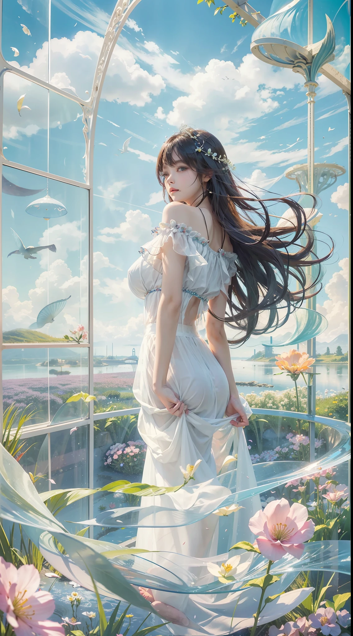 top-quality、masterpiece、Angle from above、Japan women、18year old、A dark-haired、Lustrous hair、short-cut、Straight hair、Korean Style Beauty、big eye、Double eyes、small tits、all-fours、Reach out to the front、White Ruffled Chiffon Sleeveless Top, White Tulle Maxi Skirt Dress, Mermaid Line, wicker basket bag,Massive landscape, Giant Glass Bottle, hour glass, A Divided World, colorful petals, Blue sky, white clouds, Vast meadow, surreal atmosphere, captivating scene, Delicate flowers, Gentle beauty, Encapsulated nature, Distant horizon, Ethereal Atmosphere, seductive sight, Grit, Time flowing, intricate designs, Transparent container, Suspended reality, Complex mechanism, tranquil surroundings, Time lapse, suspended animation, Contrasting areas, Seductive colors, Swirling sand, Seamless migration, Captivating display
, masutepiece