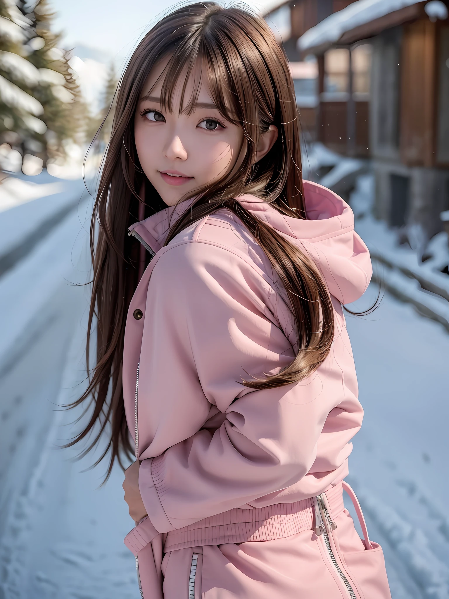the best quality, 1 girl per 1 photo, cowboy shot, front view, a Japanese young pretty girl, long bob hair, skiing on a snow-covered slope in white and pink ski clothes with a big smile, wearing a long sleeves while and pink ski jacket, long length white ski pants, snowing, hyper cute face, glossy lips, double eyelids for both eyes, natural makeup, shiny smooth light brown hair of long bob hair, asymmetrical bangs, tanned skin, central image, 8K resolution, high detail, detailed hairstyle, detailed face, cinematic lighting, octane rendering, hyper realistic, perfect limbs, perfect ???????