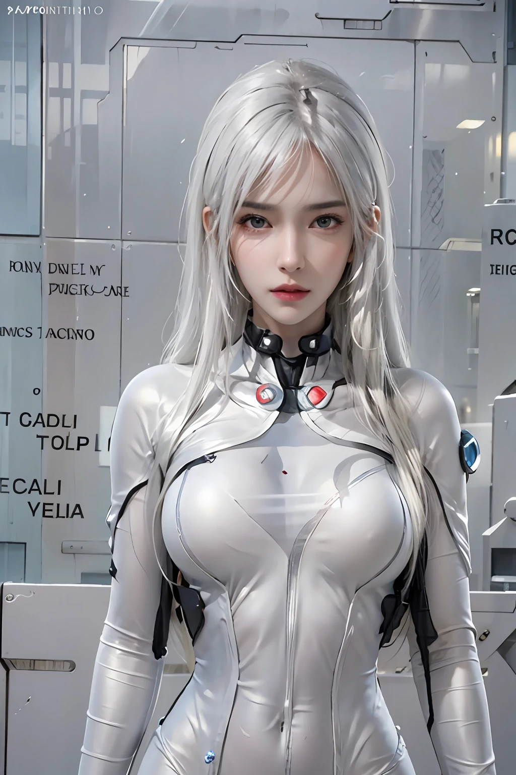 photorealistic, high resolution, 1women, solo, hips up, look at viewer, (detailed face), white hair, long hair, gantz, reika\(bodysuit\), black suit