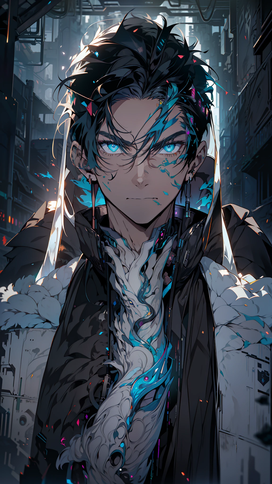 Cyberpunk male, fantasy world, dark background, clean design, epic instagram, artstation, colorful paint splatter, silhouette, hyper detailed intricate details, unreal engine, fantasy, intricate details, splash screen, complementary colors, Fantasy concept art, 8k resolution, deviantart masterpiece, oil painting, heavy strokes, paint dripping, (isolated on white background: 1.3), rainbow skin, (((handsome young man))), ((teenage:1.5) ), (glowing blue eyes), ((light eyes)), ((((short white hair: 1.1))), ((black clothes)), (prince\\(indifferent expression\\),, ( ((Wears high detail luxurious black robe))), white hair, (chest) --v 6