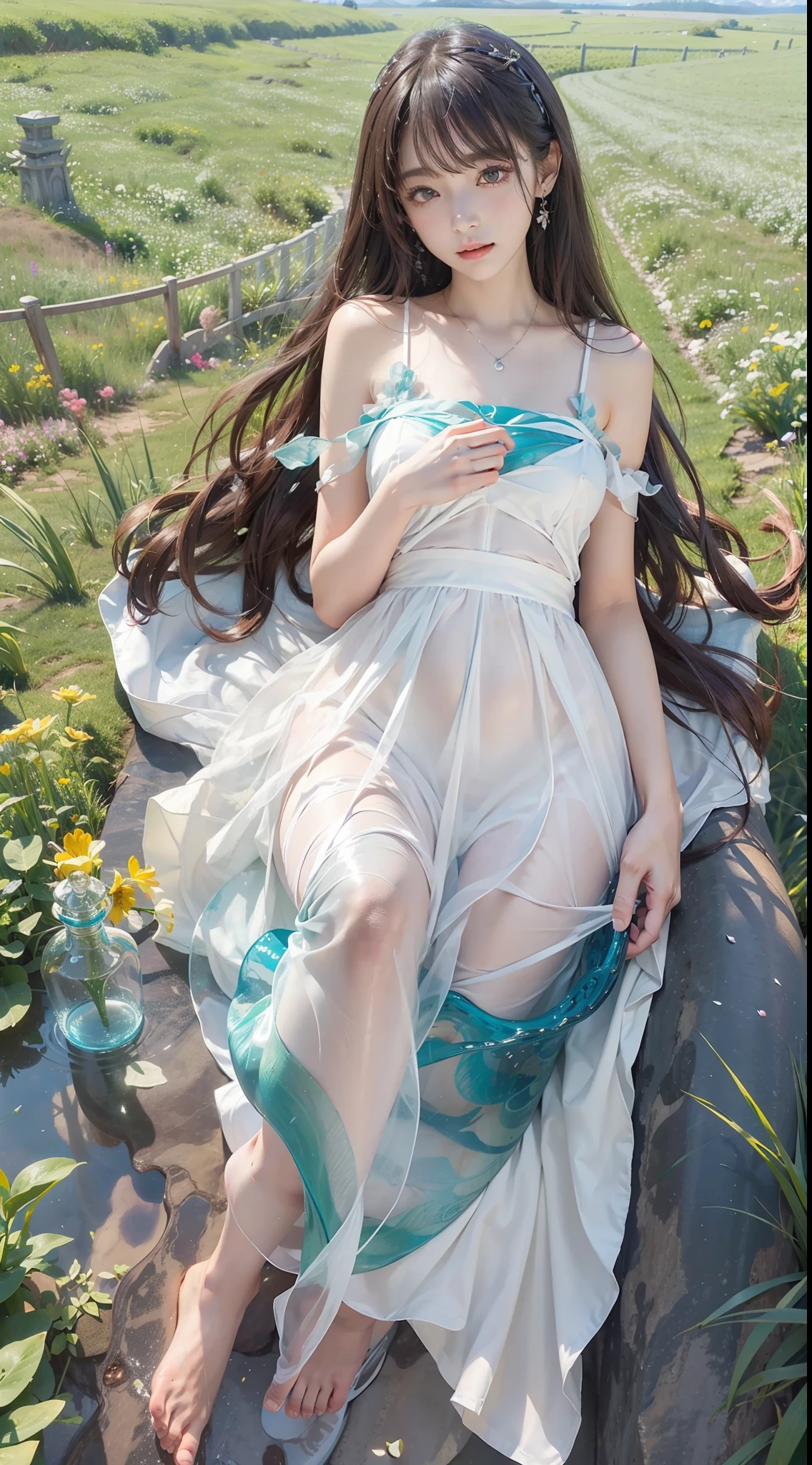 top-quality、masterpiece、Angle from above、Japan women、18year old、A dark-haired、Lustrous hair、short-cut、Straight hair、Korean Style Beauty、big eye、Double eyes、small tits、all-fours、Reach out to the front、White Ruffled Chiffon Sleeveless Top, White Tulle Maxi Skirt Dress, Mermaid Line, wicker basket bag,Massive landscape, Giant Glass Bottle, hour glass, A Divided World, colorful petals, Blue sky, white clouds, Vast meadow, surreal atmosphere, captivating scene, Delicate flowers, Gentle beauty, Encapsulated nature, Distant horizon, Ethereal Atmosphere, seductive sight, Grit, Time flowing, intricate designs, Transparent container, Suspended reality, Complex mechanism, tranquil surroundings, Time lapse, suspended animation, Contrasting areas, Seductive colors, Swirling sand, Seamless migration, Captivating display
, masutepiece