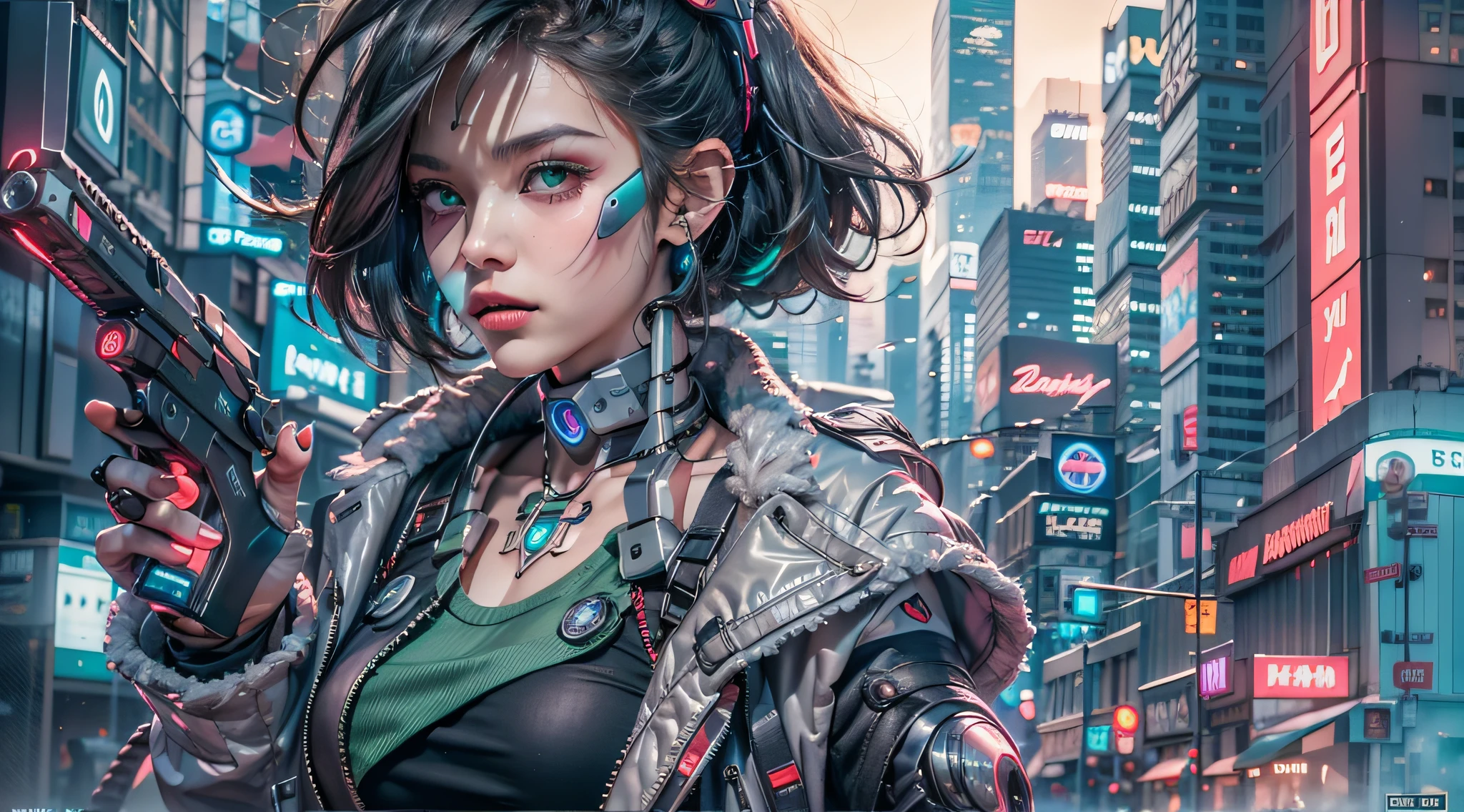 [imagem realista super detalhada], [obra-prima], Uma garota cyberpunk com cabelo rosa curto e espetado, bright green eyes and a circuit tattoo on the neck. Ela usa um casaco de couro preto com detalhes em neon, uma blusa branca rasgada, a pair of grey jeans and black boots. She has a bionic arm with metal claws and a neural interface implant in her right temple. She holds a laser pistol in her left hand and a holographic device in her right hand. She's on a busy street in a futuristic city, surrounded by tall buildings, Tecidos gigantes, carros voadores e pessoas de diferentes estilos e etnias. She has a confident and defiant expression, como se estivesse pronta para enfrentar qualquer perigo.