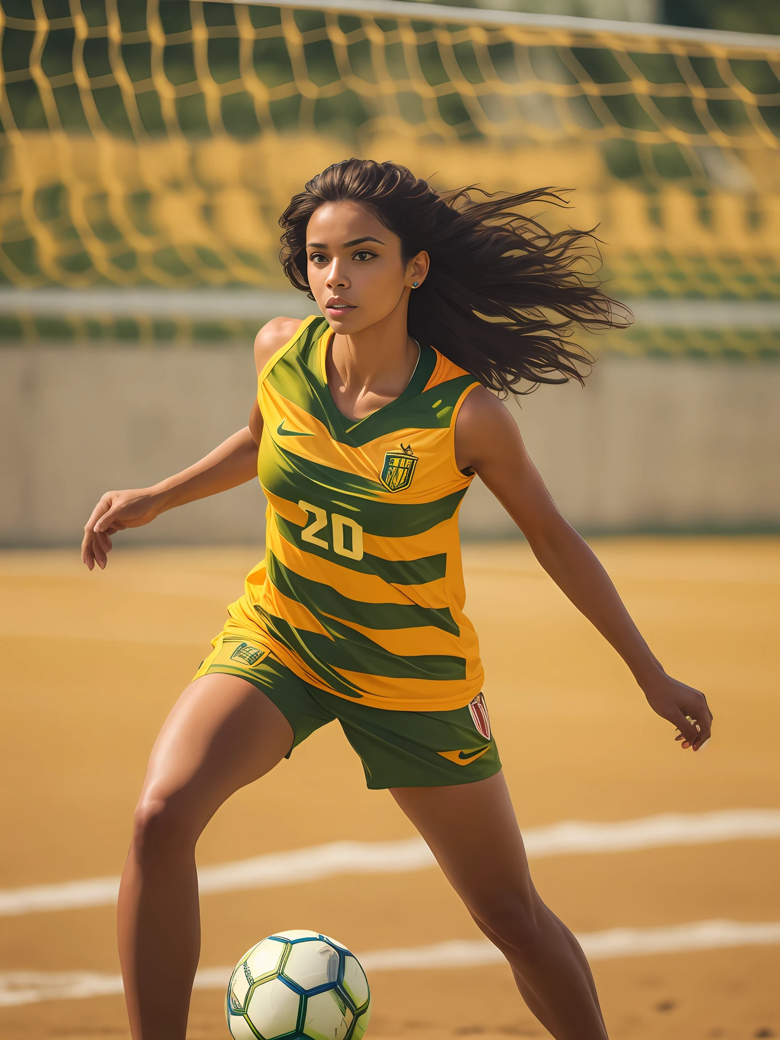 menina araffe em um uniforme verde e amarelo chutando uma bola de futebol, athletic fashion photography, Malika Favre, imagens promocionais, promocional ainda, promo ainda, wearing a volleyball jersey, foto de beleza, inspirado em Christen Dalsgaard, julia fuentes, Retrato no meio da foto, action shot, Foto de perfil, foto de retrato, Tessa Thompson, Karolina Cummings