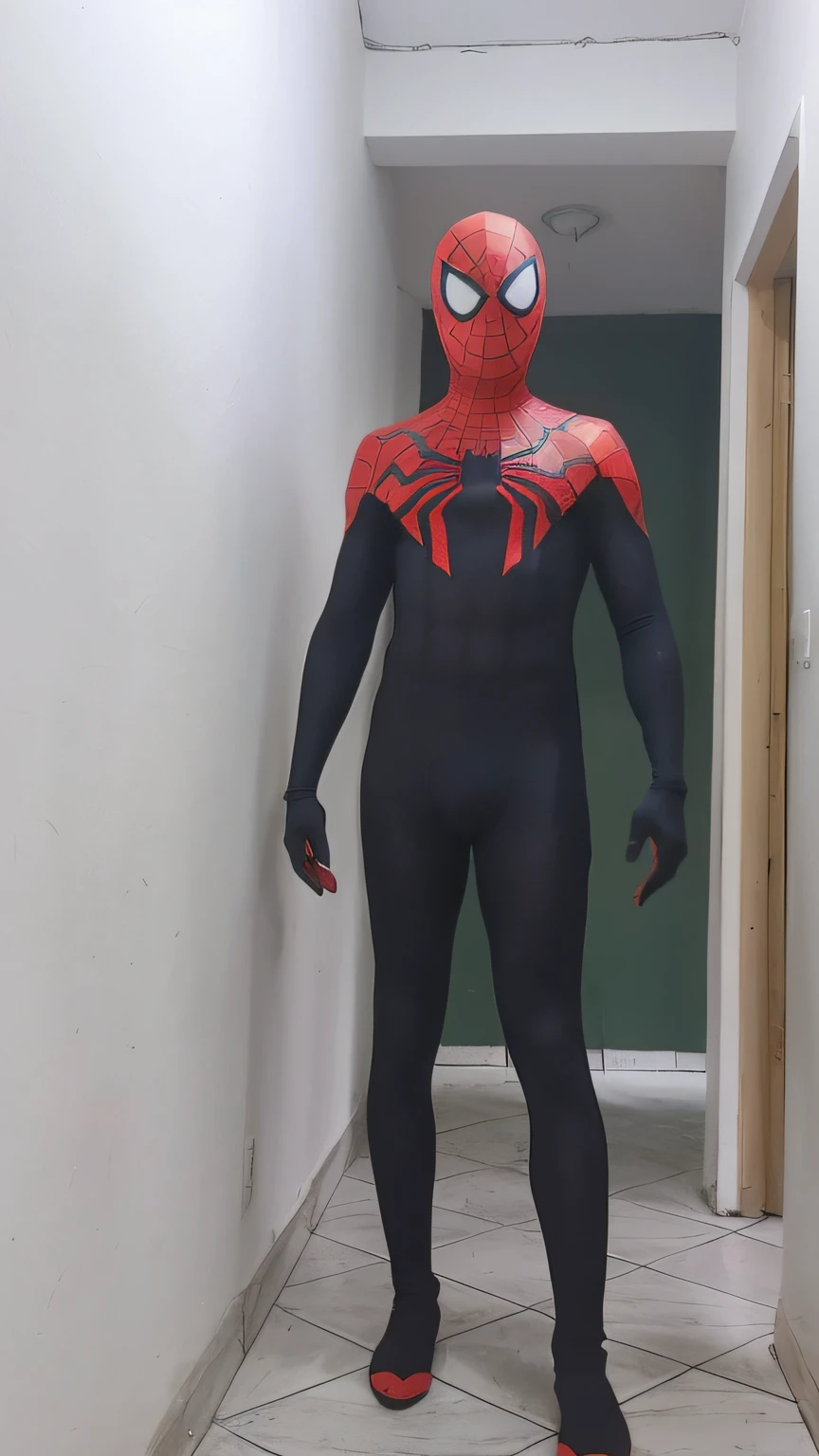 Spider - man in a black and red suit standing 3D in a hallway, Aranha altamente detalhada - Man, Spiderman, corpo inteiro com traje, Spiderman!!, full body and head view, traje completo, pintura de corpo inteiro, Traje de Lycra, corpo detalhado completo, aranha - homem, Homem-Aranha, pintura de corpo inteiro, traje vermelho e preto!!!, Traje de alta qualidade