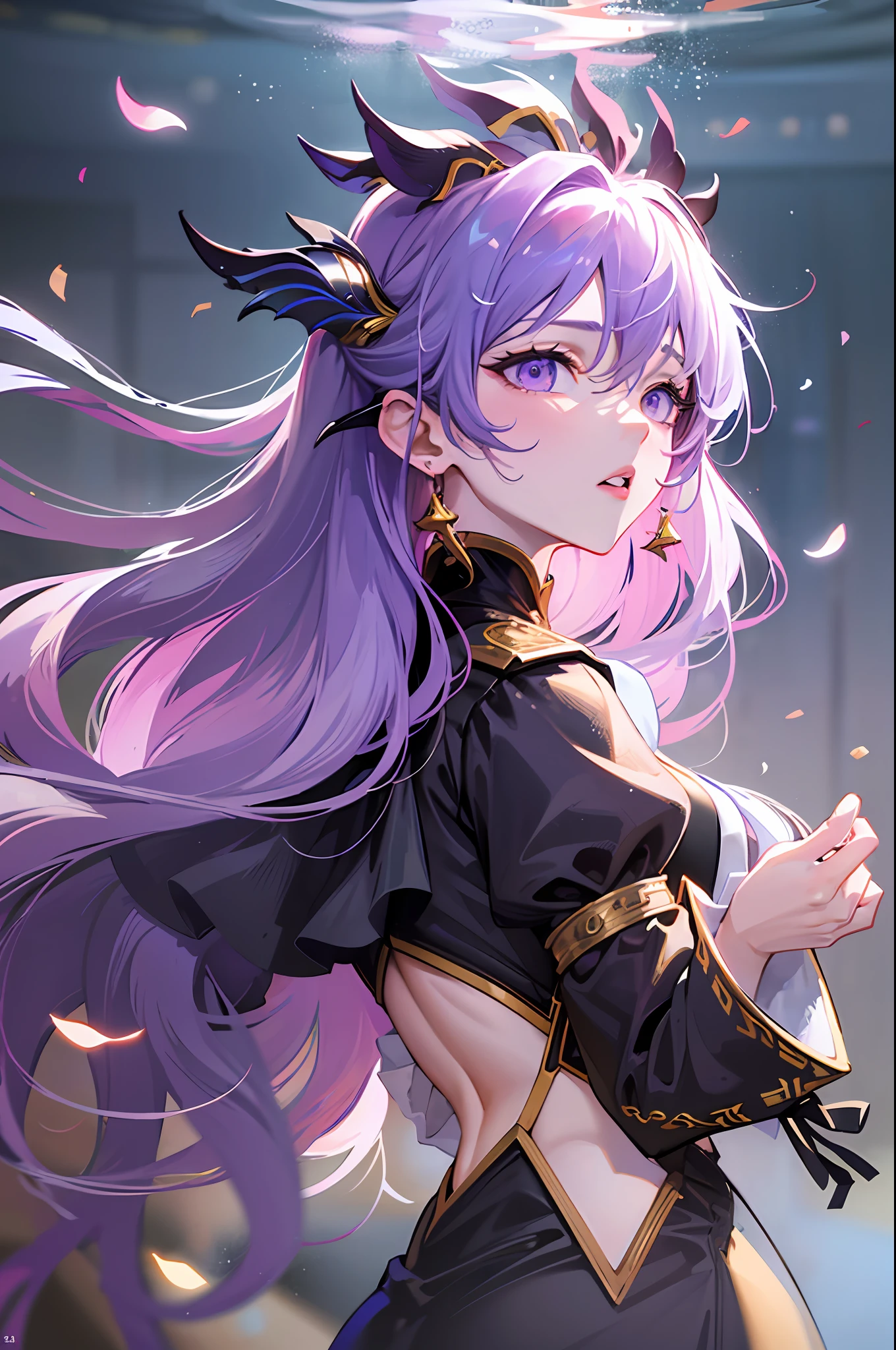 ((Best Quality)), ((Masterpiece)), (Details: 1.4), Anatomical, Award-Winning Concept Art, 1girl,Backlit, (((Expressionless:1.1))))), Underwater,KPOP Idol, Long Hair,Best Quality, (Photorealistic:1.2), (Hair Ornament:1.35),Lots of clothes, jewelry, purple eyes, earrings, big breasts, depth of field, detailed face, Face focus, (viewer view: 1.25), shiny skin, long sleeves, thick lips, game CG, thighs, full body, (back arm), (back hand), , crop top,