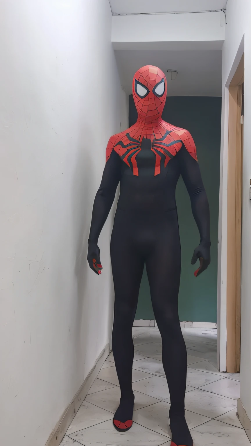 Spider - man in a black and red suit standing 3D in a hallway, Aranha altamente detalhada - Man, Spiderman, corpo inteiro com traje, Spiderman!!, full body and head view, traje completo, pintura de corpo inteiro, Traje de Lycra, corpo detalhado completo, aranha - homem, Homem-Aranha, pintura de corpo inteiro, traje vermelho e preto!!!, Traje de alta qualidade