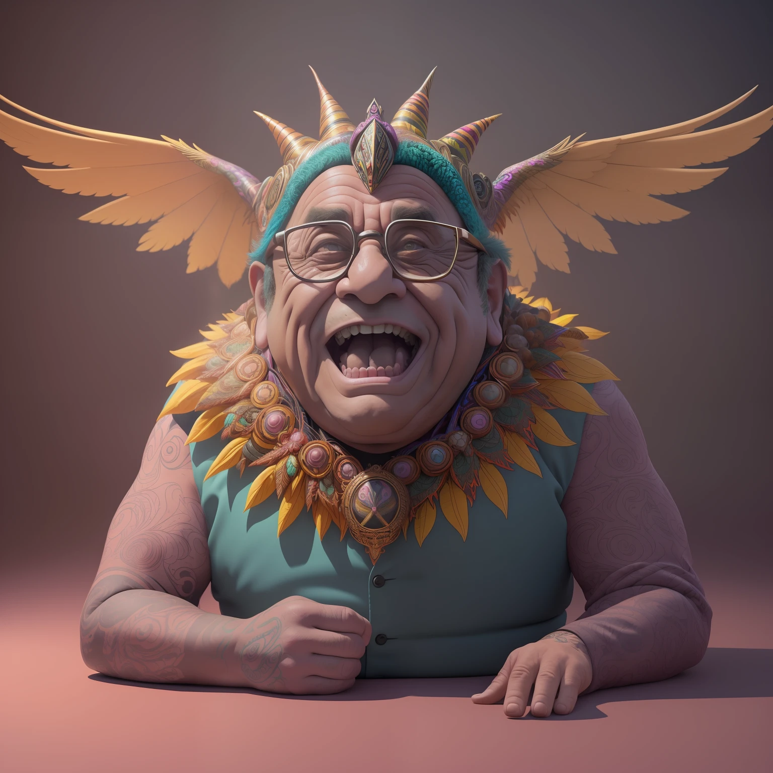a stunning photograph of a grotesquely beautiful Danny Devito as Frank Reynolds with genetic deformities, horror, in the style of solar, high resolution, intricate vibrant psychedelic patterned costumes, birdlike, skeksis, solarpunk, biomechanical, unreal, octane render By Joshua Holford Photography Award Winning Detail and Flare 8k fz80