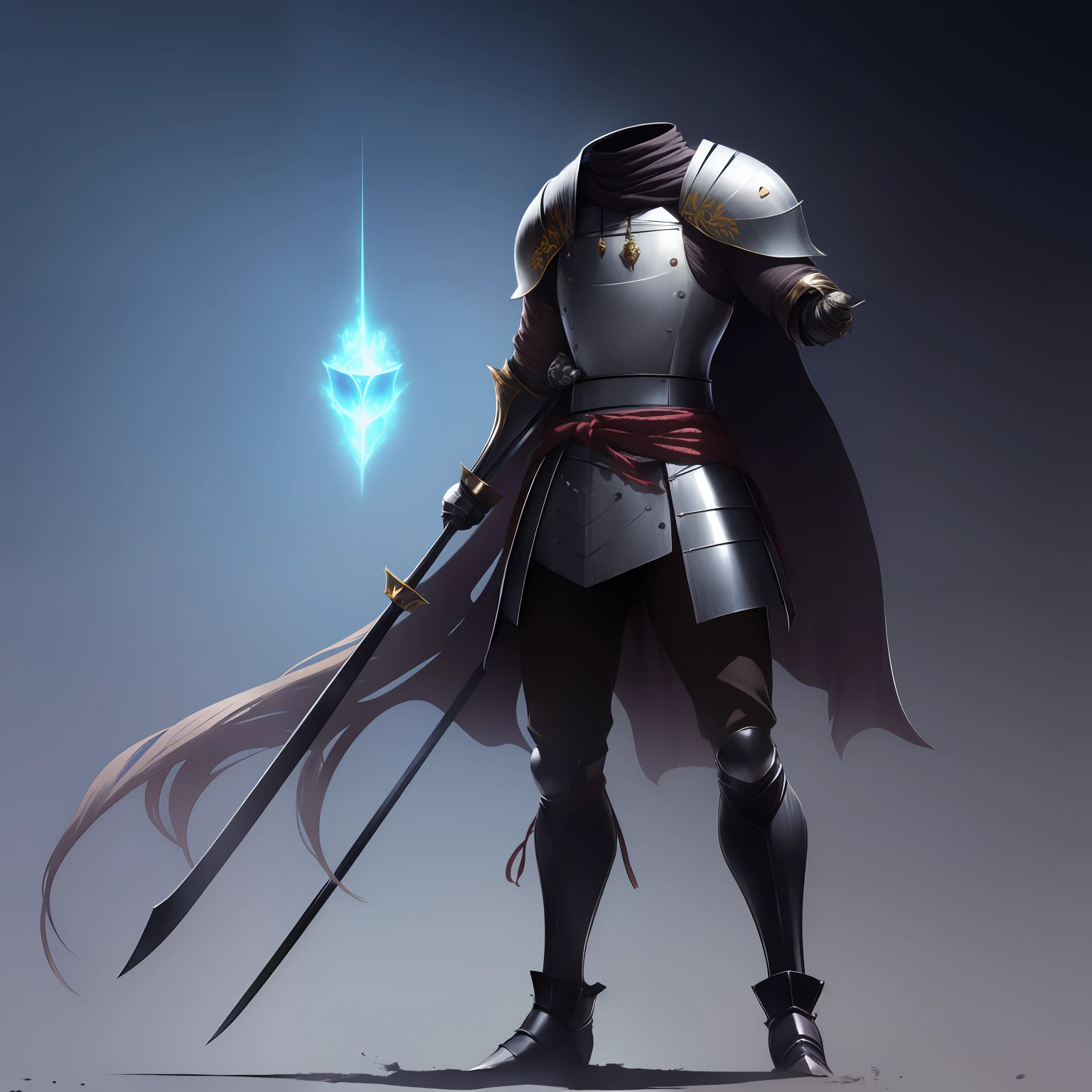 anime,(((Headless Knight))), ((masculino)), He lost his mind,souls coming out of your neck, Armadura medieval, Head with helmet,espada longa em suas costas,1Homen,long hair in a long braid,cabelos na cor cinza,olhos roxos brilhantes, gloomy setting,luz em tons de terror, (((1homem))),solo