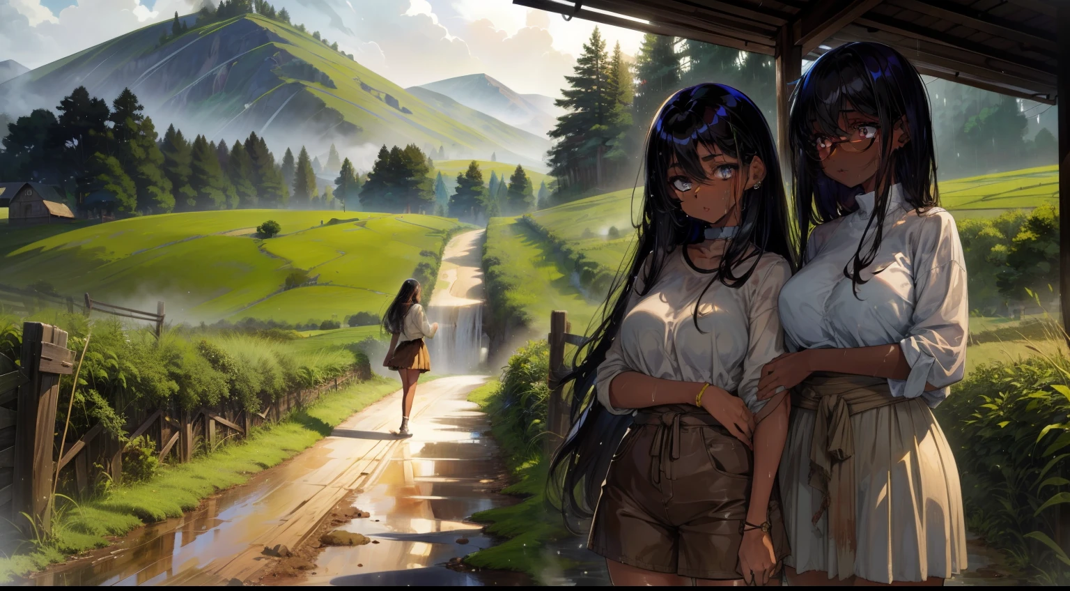 two girls, 1 light skin, 1 dark skin, different eyes, nose, ear, eyebrow, big straight hair, farm clothes, wet clothes, thin waist, thick legs, big thighs, background scenery, dirt road, countryside, beautiful day, lighting
