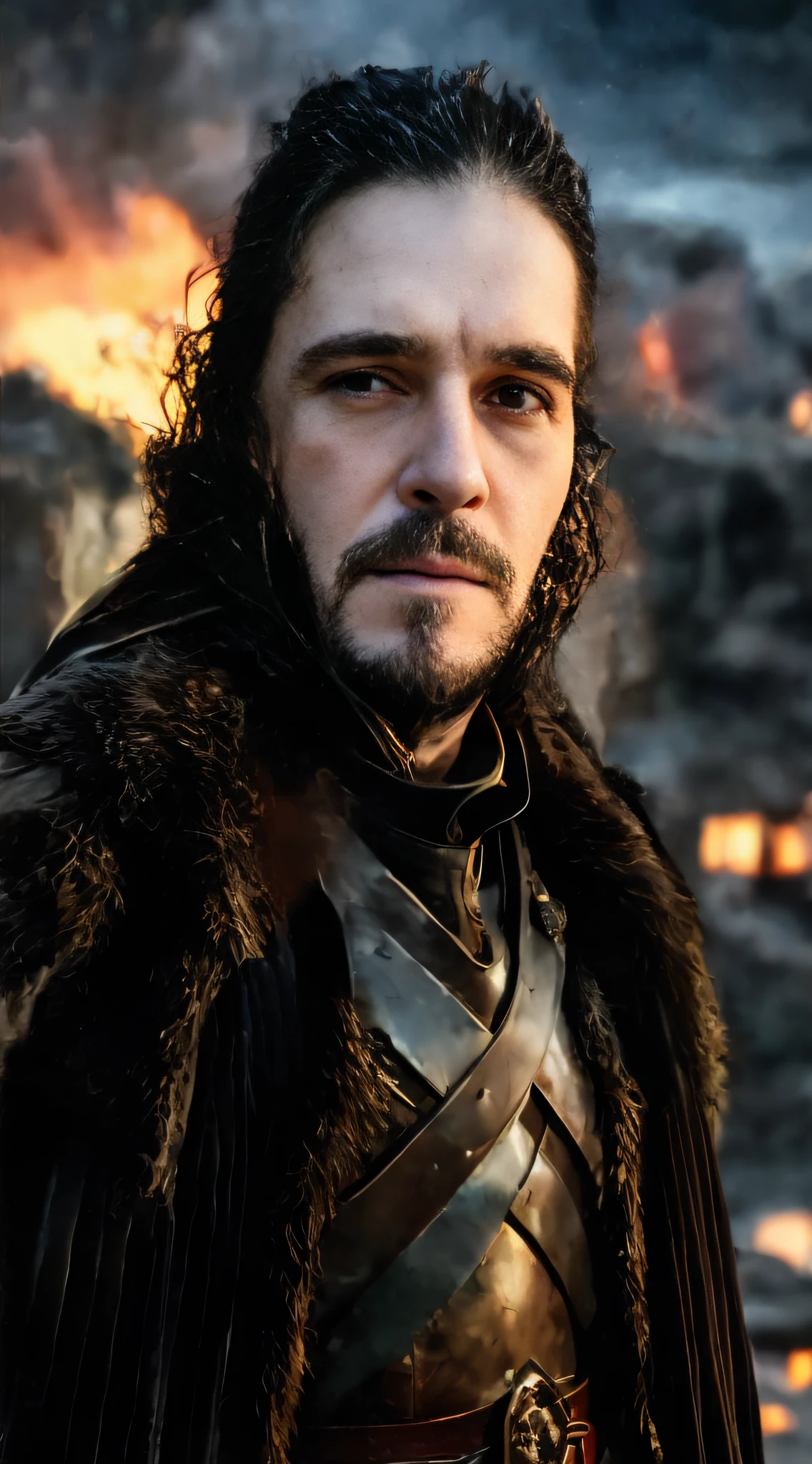 A stunning photograph that captures the essence of Shonn Snow from the Game of Thrones series. La imagen muestra a Shonn Snow, dressed in his iconic black Night's Watch cape, de pie sobre los acantilados nevados del Muro. Con su mirada feroz y su cabello azotado por el viento, Exudes power and determination. Photography combines elements of realism and fantasy, while the snow-covered landscape creates a stunning backdrop for the towering figure of Shonn Snow.. Its leather-lined hood and leather gloves suggest a frosty winter atmosphere, mientras que los penetrantes ojos azules reflejan tanto la fuerza como la vulnerabilidad. La imagen captura un momento congelado en el tiempo, simbolizando la batalla en curso por el poder y la supervivencia en el universo de Game of Thrones. The intricate details and masterful use of light and shadow make this photograph a true work of art...., reminiscent of a captivating oil painting that evokes a sense of adventure and intrigue