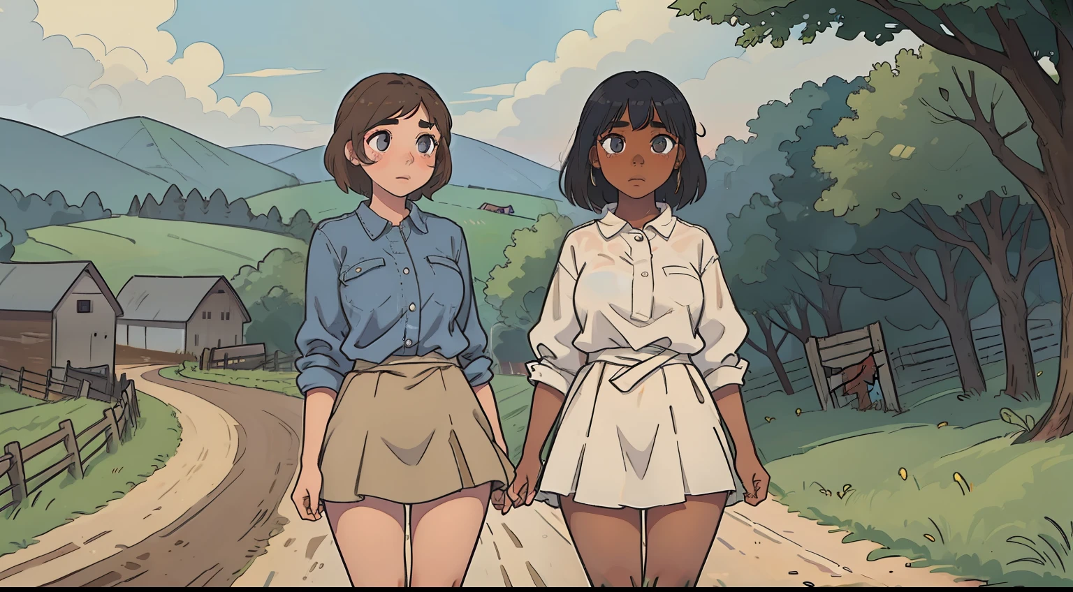 two girls, 1 light skin, 1 dark skin, different eyes, nose, ear, eyebrow, big straight hair, farm clothes, wet clothes, thin waist, thick legs, big thighs, background scenery, dirt road, countryside, beautiful day, lighting