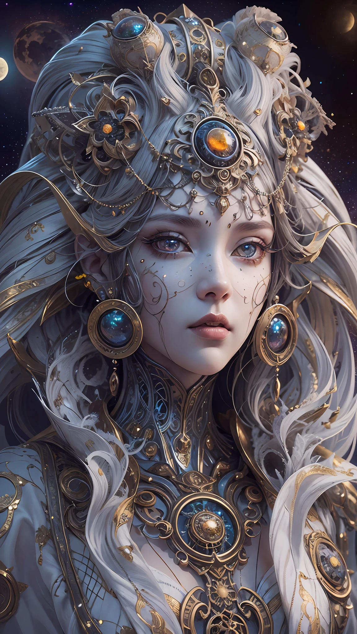 （best qualtiy，ultra - detailed，Most Best Illustration，Best shadow，tmasterpiece，A high resolution，professionalartwork，famousartwork），Detailed eyes，beautidful eyes，closeup cleavage，sci-fy，colored sclera，Robot eyes，face markings，Tattooed with，（fractalized，Fractal eyes），largeeyes，Wide eyes，（Eye focus），sface focus，Cosmic eyes，Space eyes，Close-up of metal sculpture of a woman with a moon in her hair，goddes。extremly high detail，3 d goddess portrait，Extremely detailed footage of the goddess，a stunning portrait of a goddess，Side image of the goddess，portrait of a beautiful goddess，Full body close-up portrait of the goddess，hecate goddess，portrait of a norse moon goddess，goddess of space and time