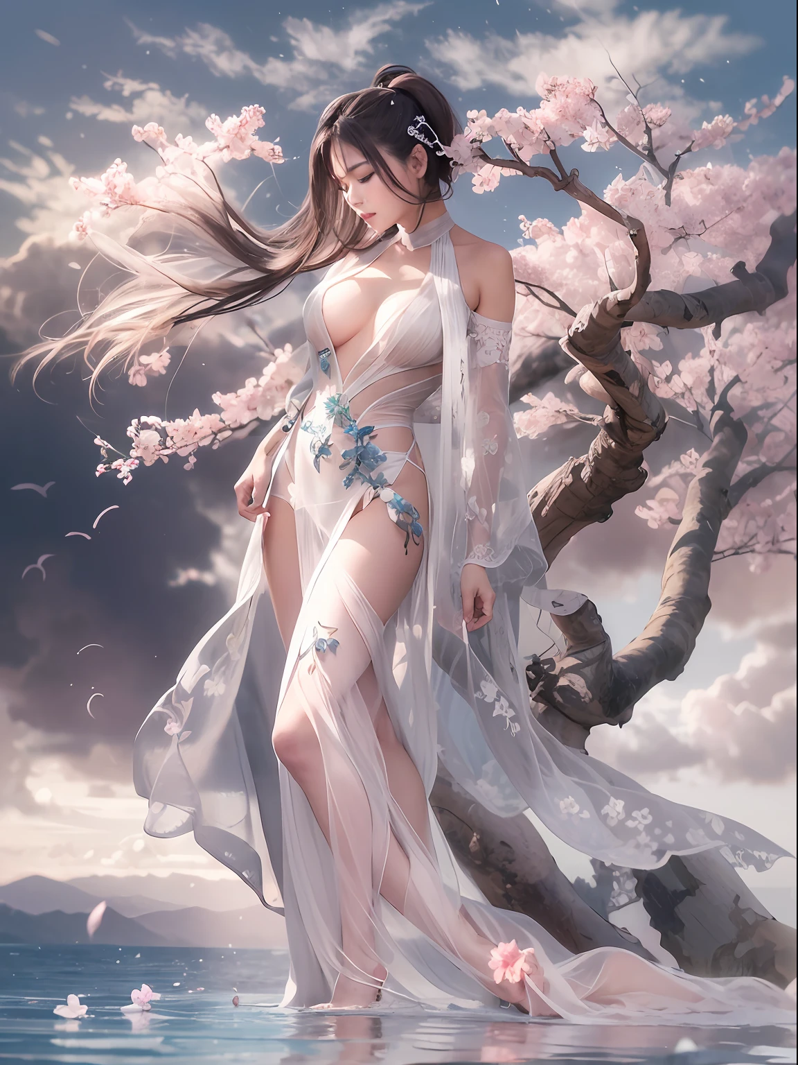 loose outfit、Show shoulders、How to wear a gown with a broken see-through halter neck、Decorated with intricate patterns and bright colors、Transparent material that makes the skin shine、Artistic depiction of seductive woman in gown with wet thin cloth and transparent skin, Floral and fantastic pattern with flowing silky traditional see-through skin。Her dress draped elegantly around her curvaceous figure、Emphasizes her charming silhouette。She's a gentle fireworks night、Dynamic Posing、Sexy Posing、bathed in the soft glow of moonlight。The scene is、With a hint of mystery and sensuality、It exudes an ethereal dreamy atmosphere。The image style is、Incorporates a blend of watercolor and digital illustration techniques.、It makes you feel delicate beauty and charm。Soft moonlit lighting、Cast gentle highlights and shadows on her mesmerizing features。Dynamic Posing、Bold poses、The hand is somewhere、see -through、show through、A sexy、Wet hair、Wet、cherry trees、flower petals、cherryblossom、The cherry tree、Sakura blizzard、buried、Transparent skin、Wet clothes、Chest Pulling、Translucent clothes、On the water、