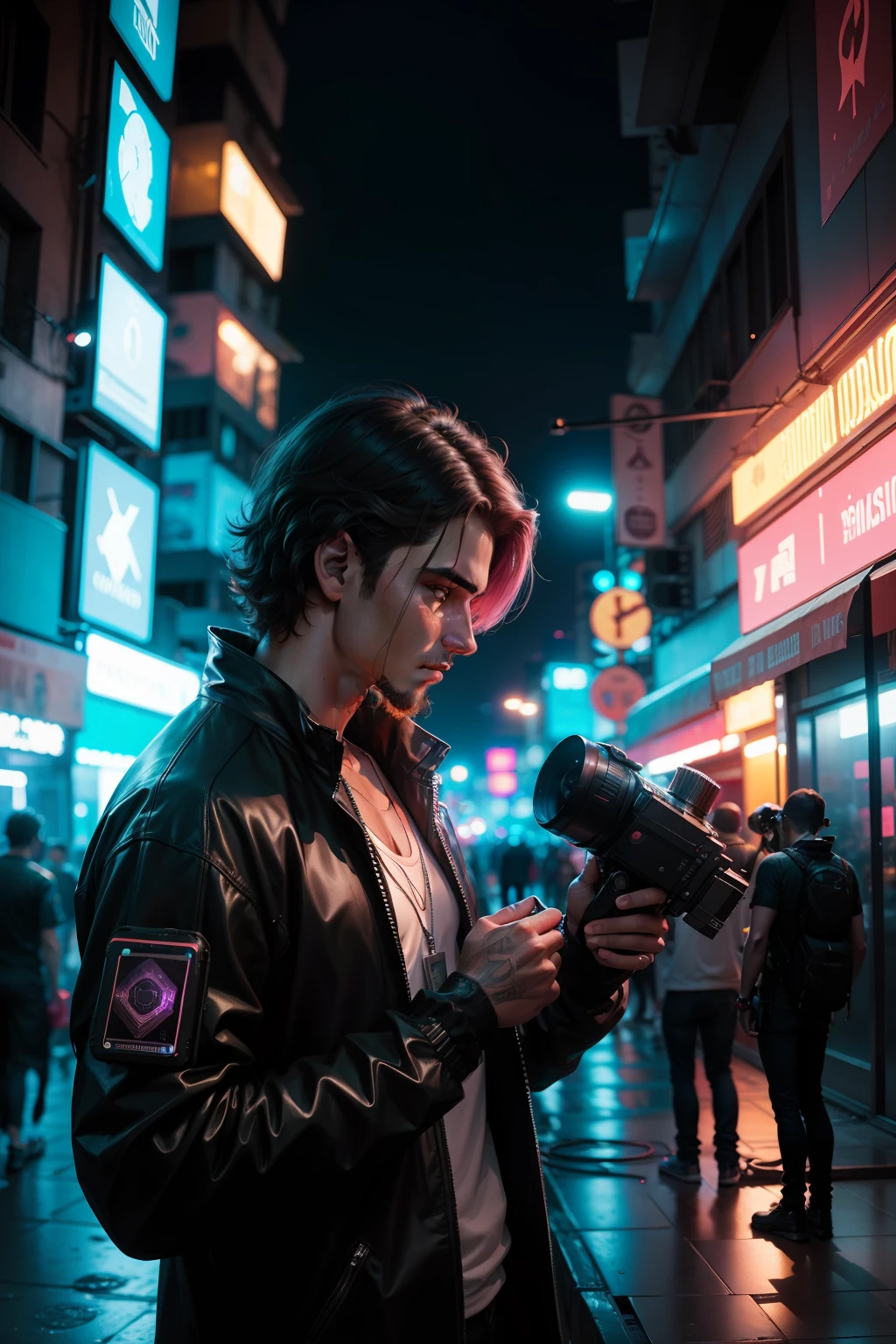 celular flutuando, tela mostrando a camera de um homem jovem se gravando levemente borrado, advertising photo, cidade futurista neon de fundo, cyberpunk, dramatic lighting