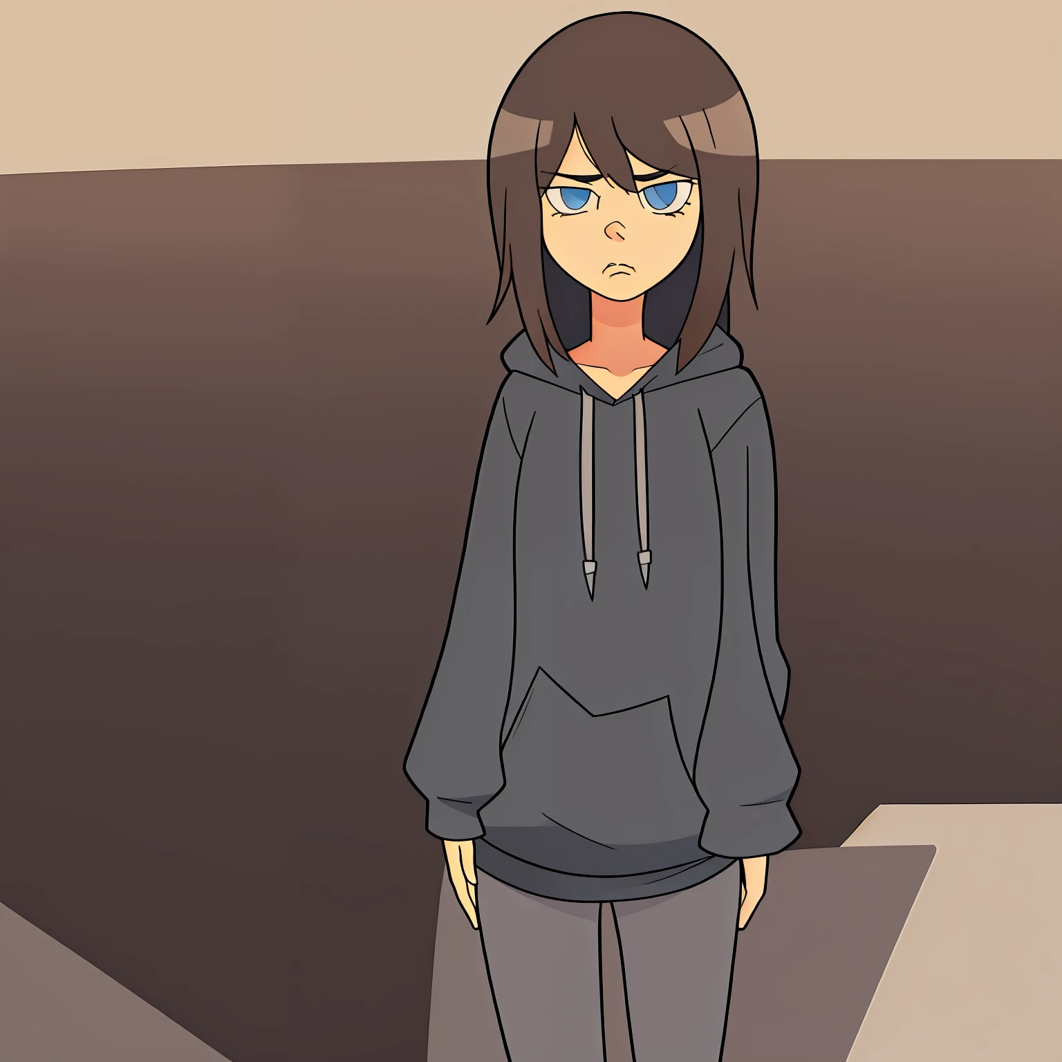 Sad girl, waist length brown hair, greyish blue eyes, black hoodie