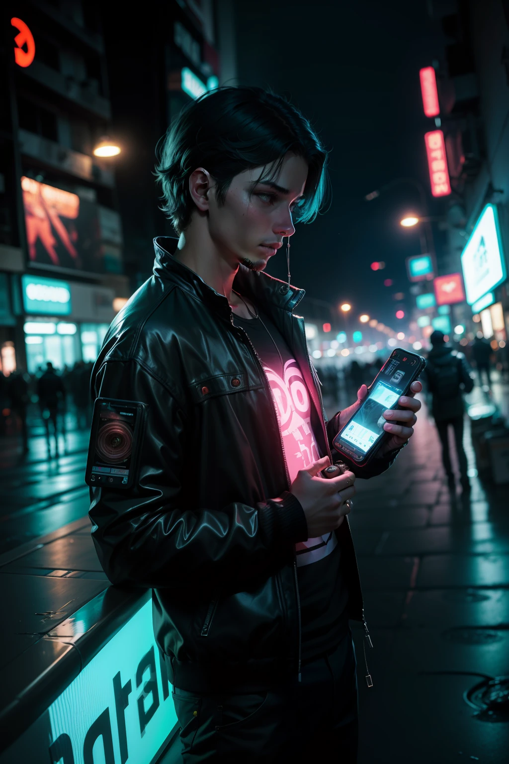 celular flutuando, tela mostrando a camera de um homem jovem se gravando levemente borrado, advertising photo, cidade futurista neon de fundo, cyberpunk, dramatic lighting