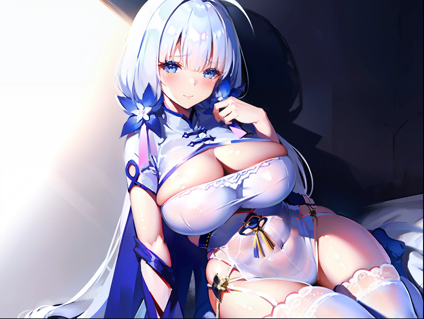 illustrious (maiden lily's radiance) (azur lane), (bodystocking:0.9), white hair, very long hair, blue eyes, hair ornaments, breasts, cleavage, white thighhighs, short sleeves