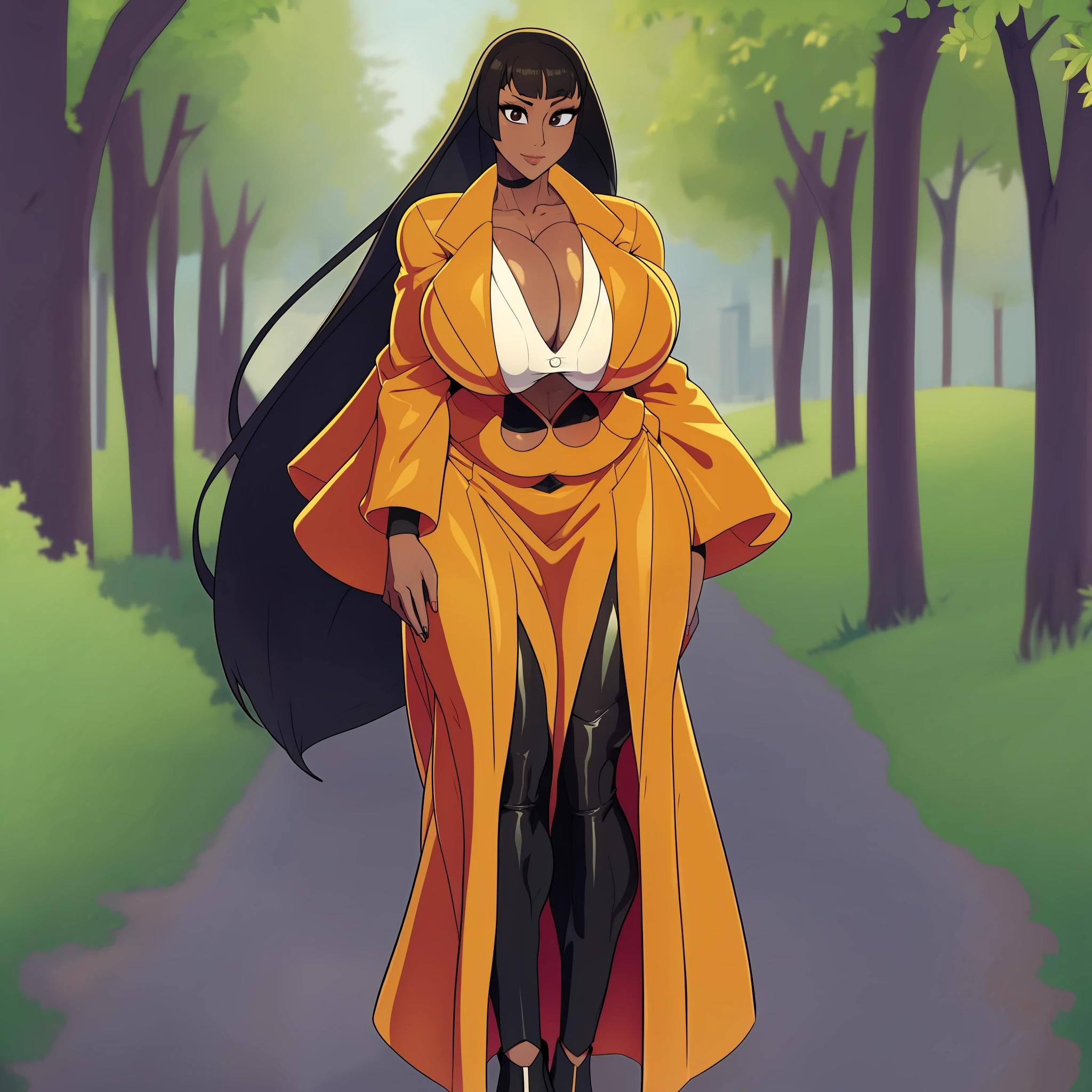 mature, female, black hair, bimbo, huge breast, long hair, hime cut, full body, vest , long robe, white skinn, walking
