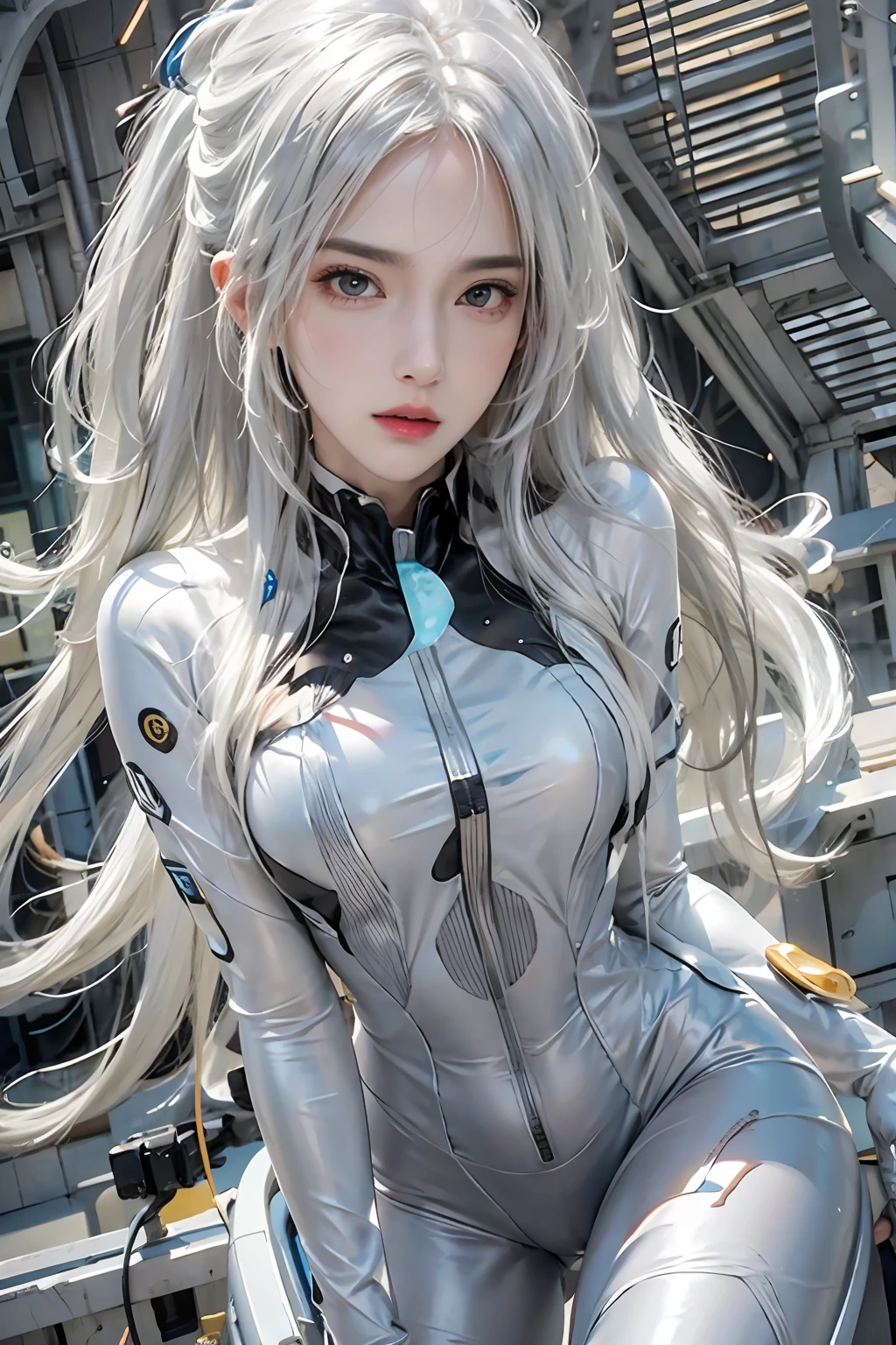 photorealistic, high resolution, 1women, solo, hips up, look at viewer, (detailed face), white hair, long hair, gantz, reika\(bodysuit\), black suit